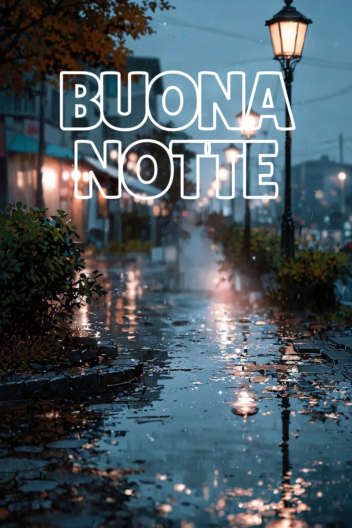 Strada bagnata dalla pioggia con lampioni accesi di notte immagine buonanotte