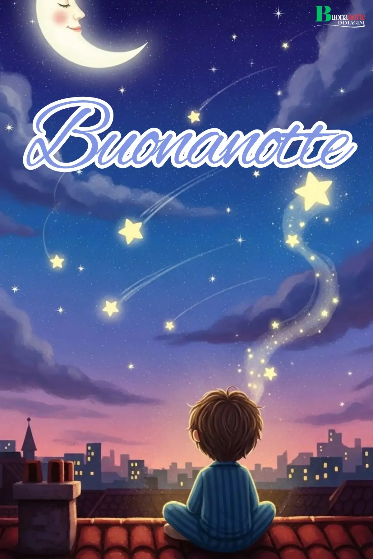 Bambino sui tetti guarda luna sorridente e stelle buonanotte divertente