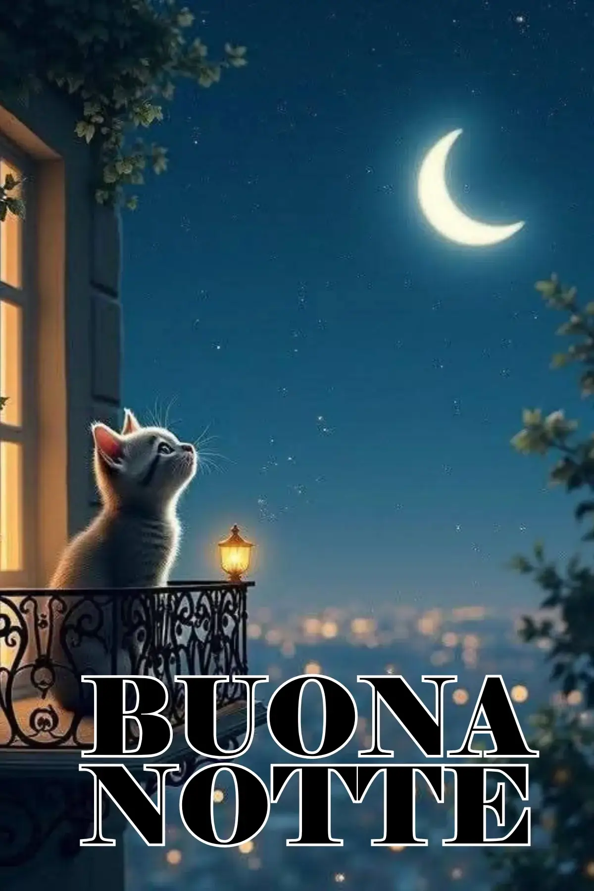 Gattino sul balcone guarda la luna crescente buonanotte divertente