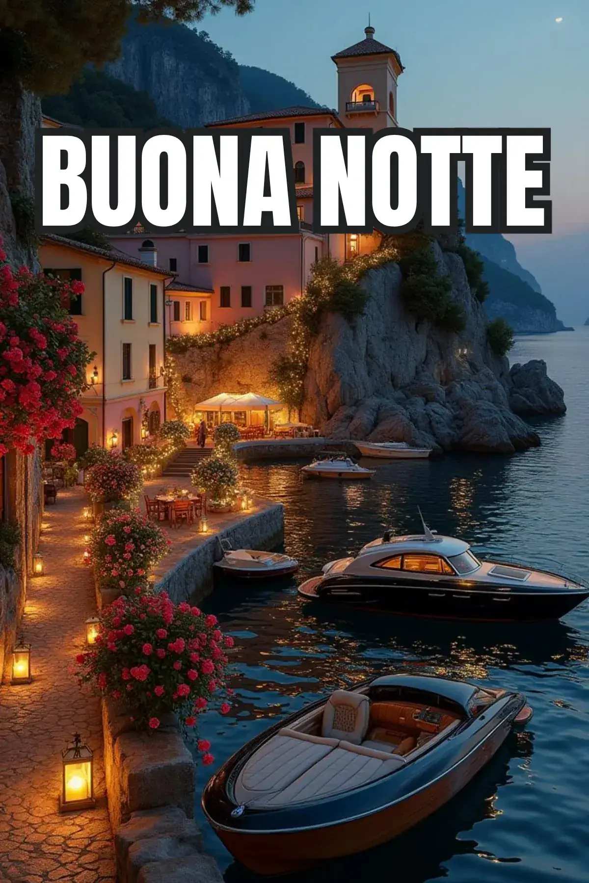 Borgo marino illuminato al crepuscolo con barche e fiori immagine buonanotte bellissima