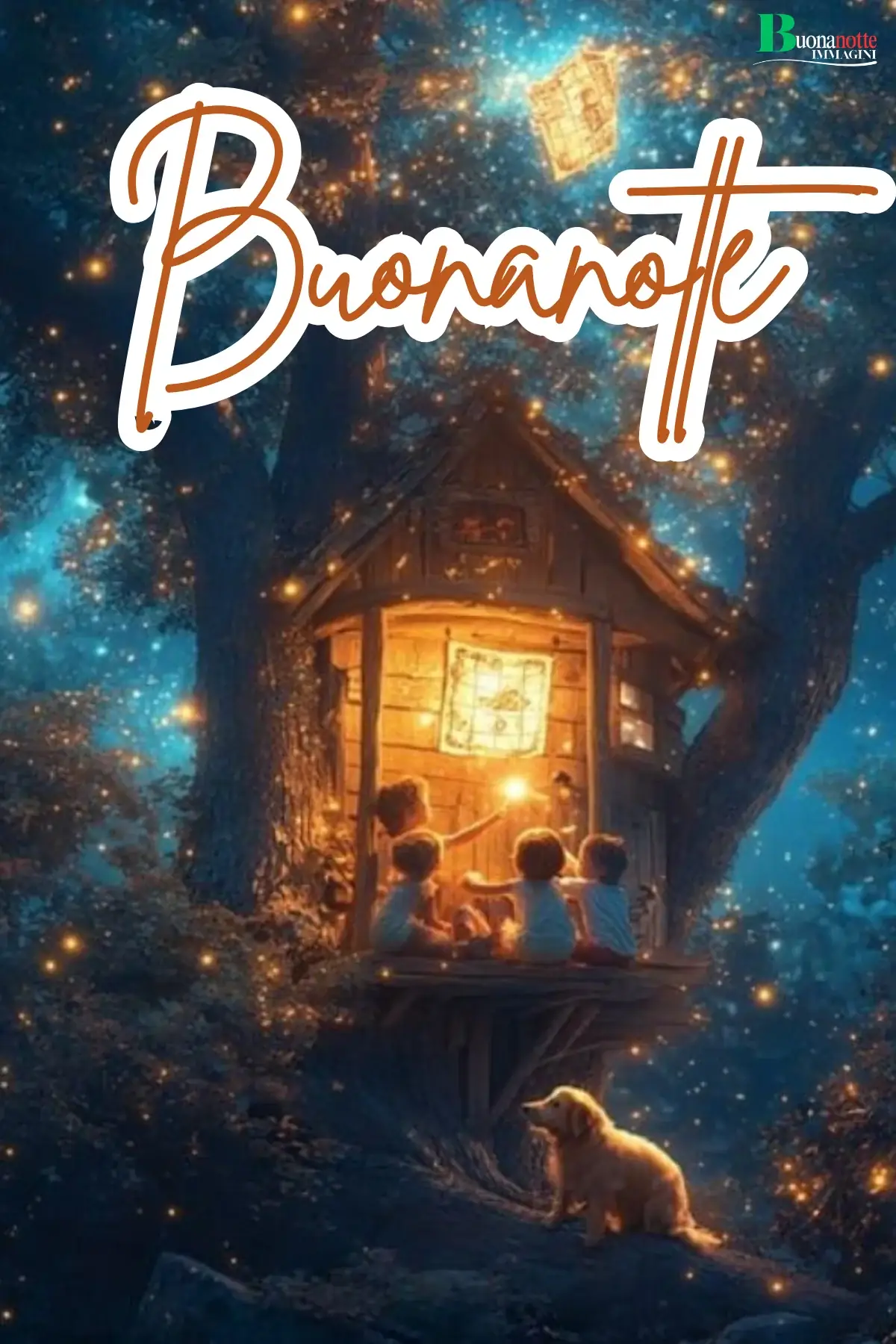 Bambini sulla casetta sull'albero con lucciole e cagnolino buonanotte divertente