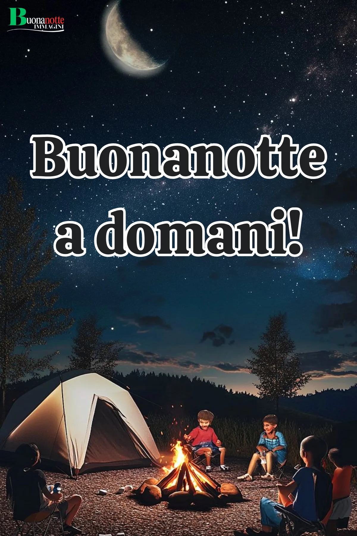Bambini attorno al falo sotto le stelle per buonanotte