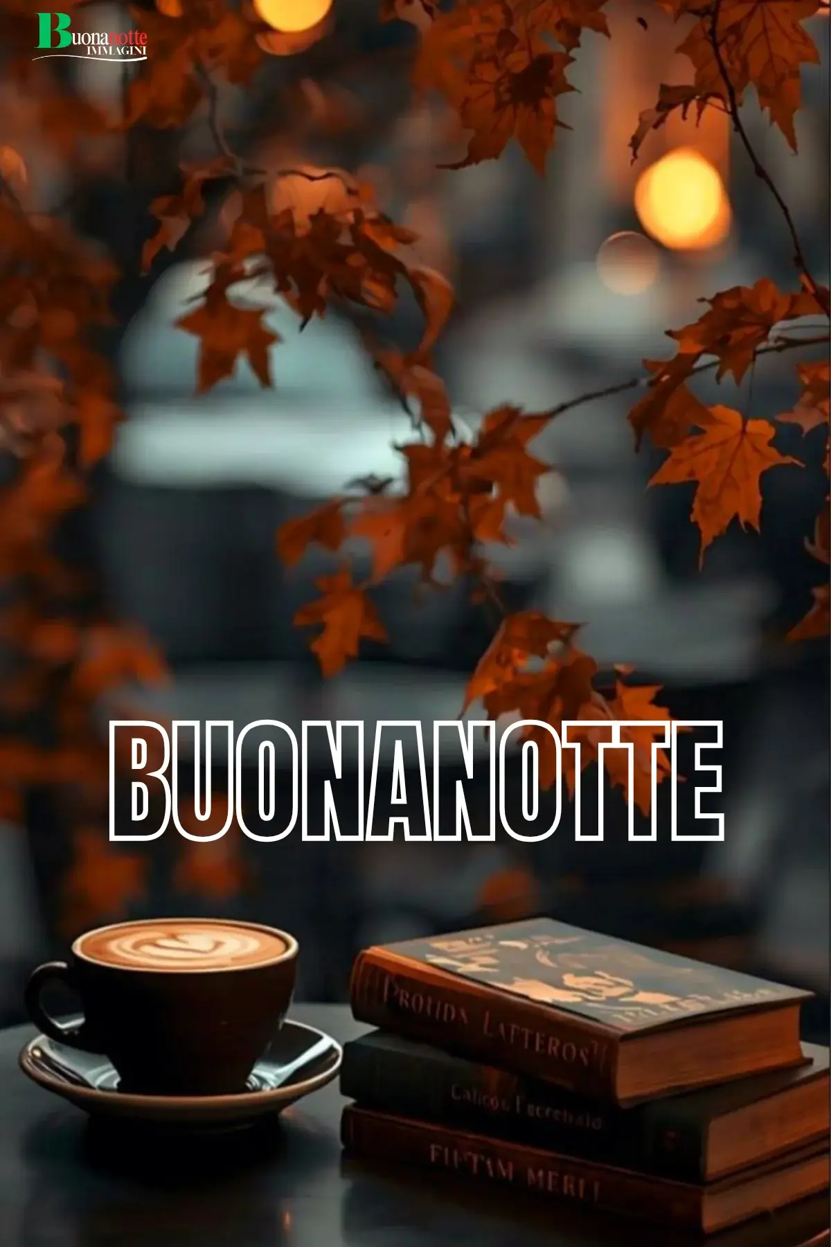 Tazza di cappuccino e libri tra foglie autunnali buonanotte autunnale