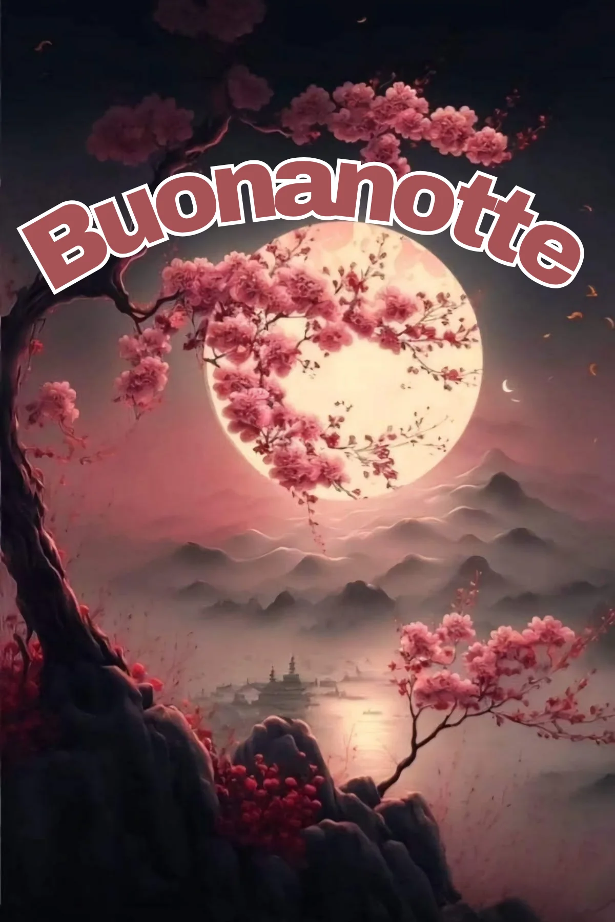Ciliegio in fiore con luna piena e montagne notturne rosa, 100 immagini buonanotte