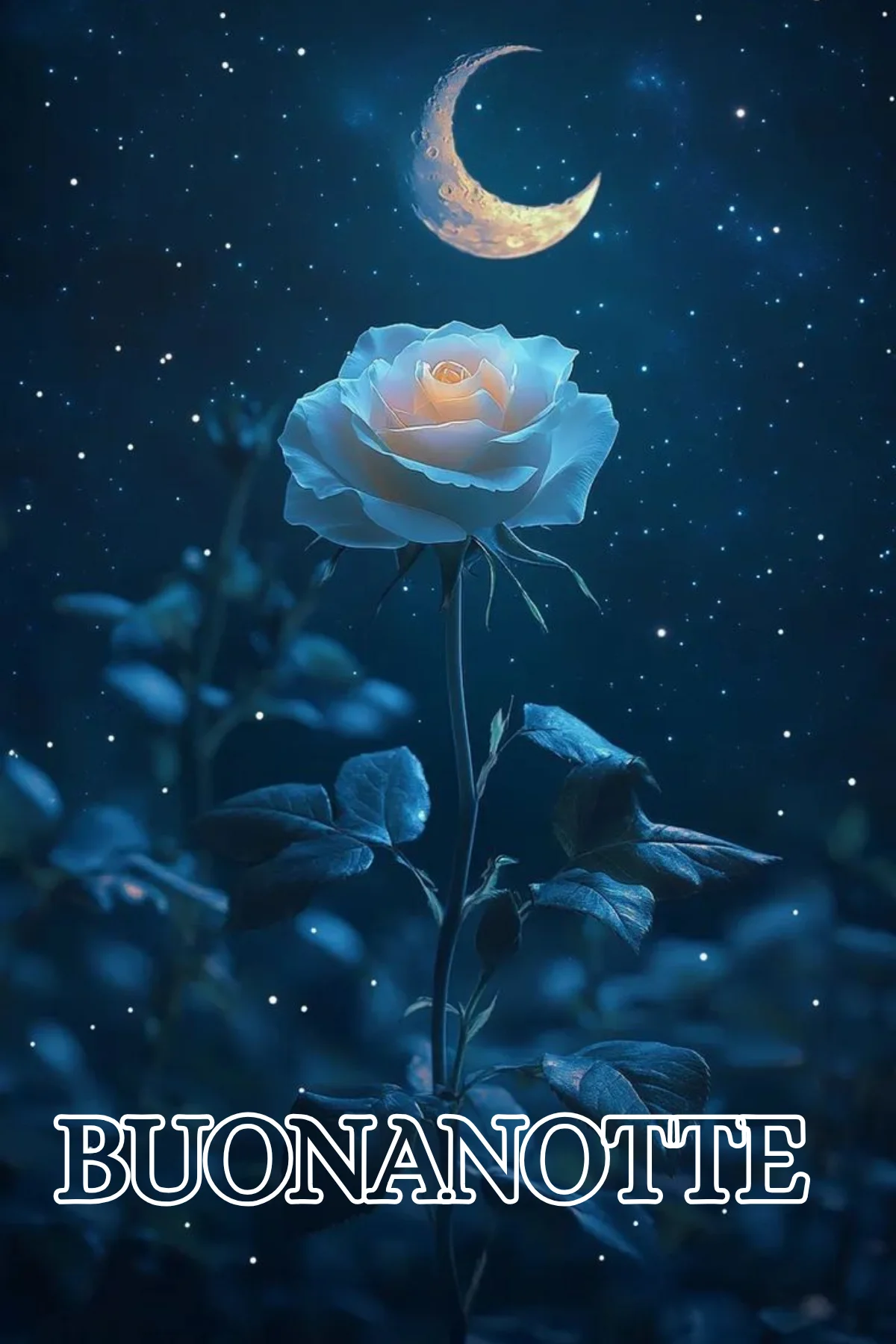 Rosa bianca illuminata sotto falce di luna stellata buonanotte originale