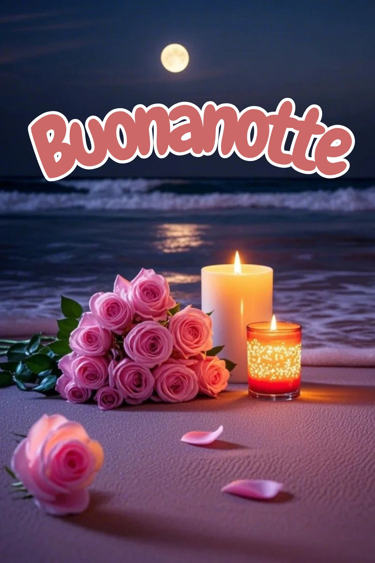 Rose sulla spiaggia con candele buonanotte estiva