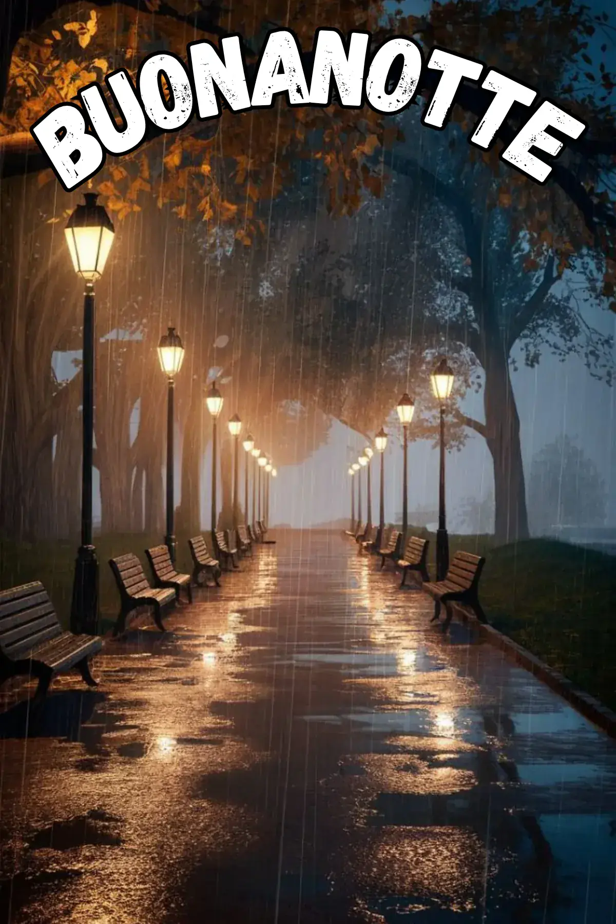 Viale con lampioni sotto la pioggia autunnale notturna buonanotte autunnale