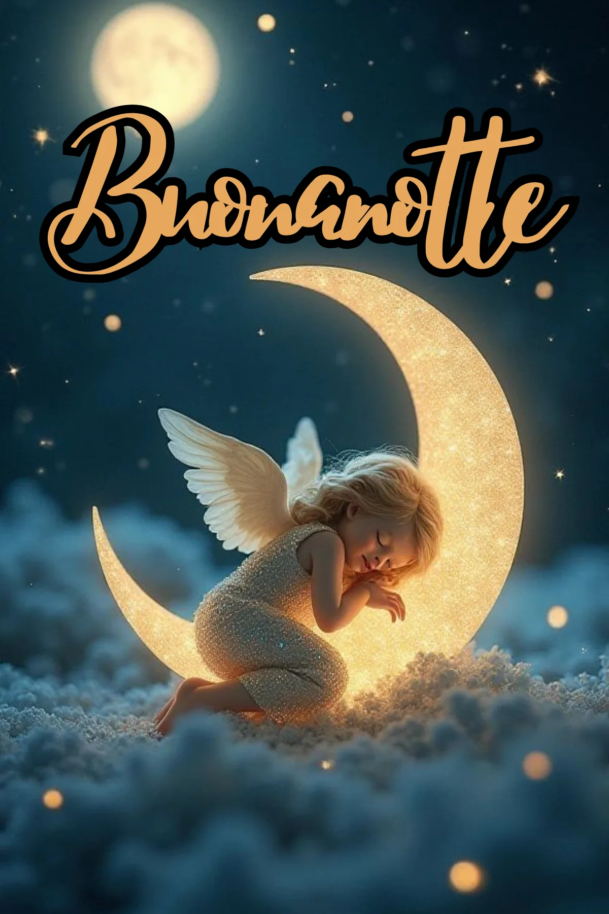 Angioletto biondo addormentato sulla luna dorata tra stelle buonanotte WhatsApp