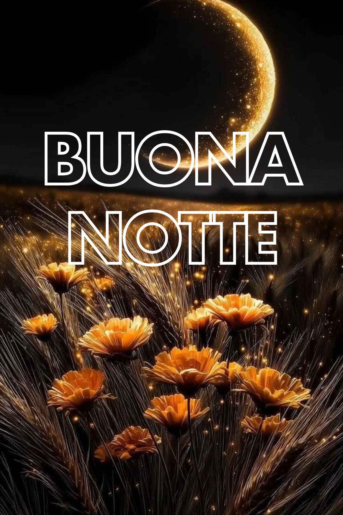 Luna dorata crescente su campo fiori arancioni scintillanti immagini buonanotte