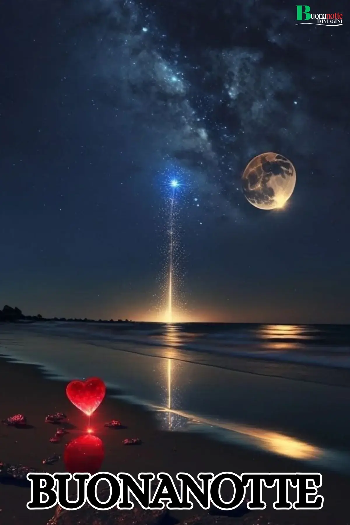 Luna piena mare notturno cuore rosso spiaggia stellata immagine buonanotte