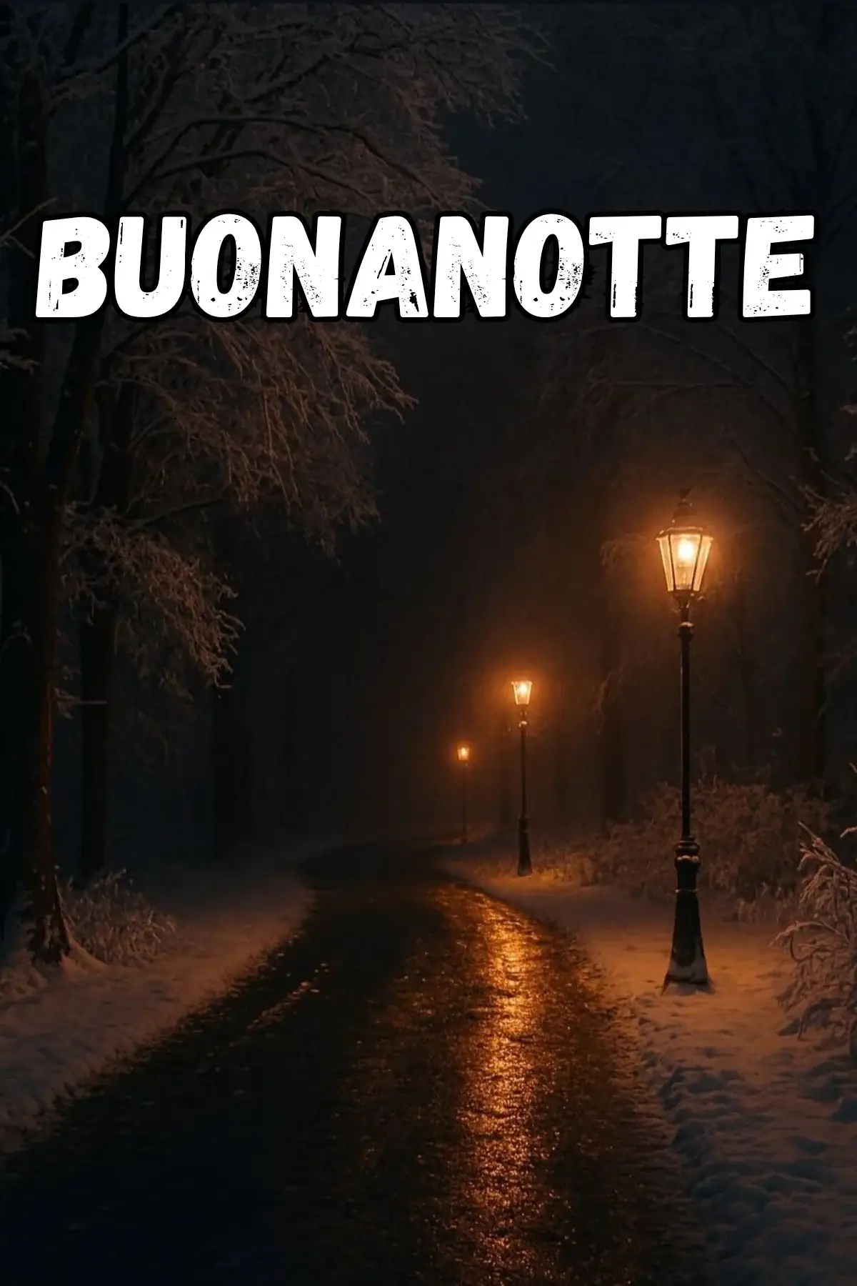 Viale innevato con lampioni accesi nella notte buonanotte invernale