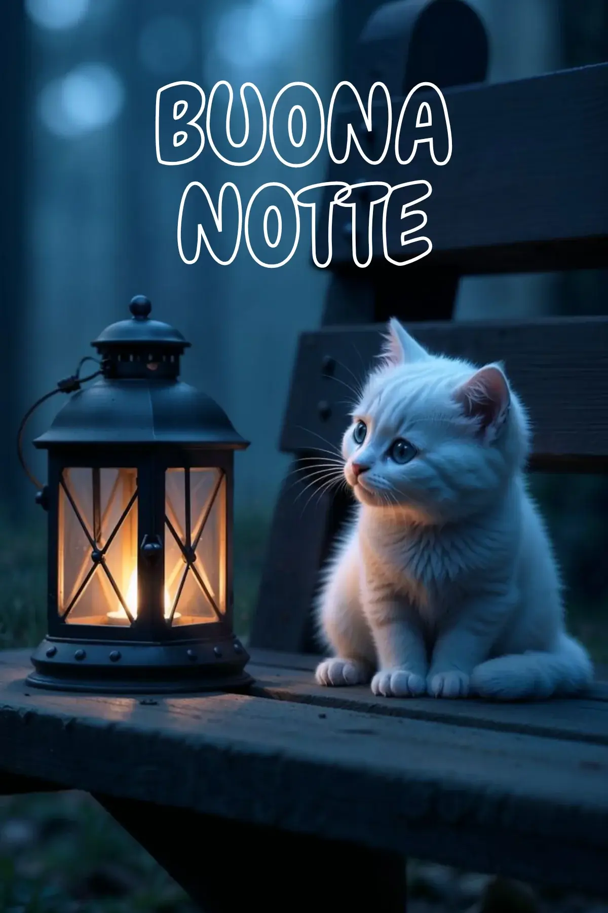 Gattino bianco accanto a lanterna accesa su panchina buonanotte divertente