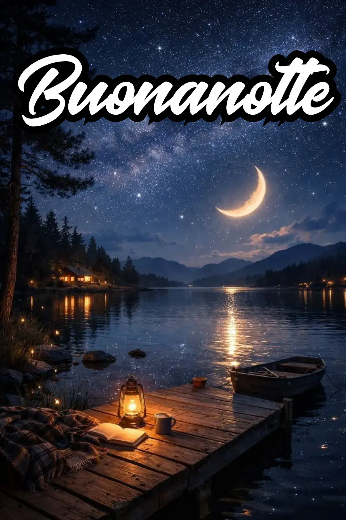 Pontile sul lago con lanterna libro e luna crescente immagine buonanotte bellissima
