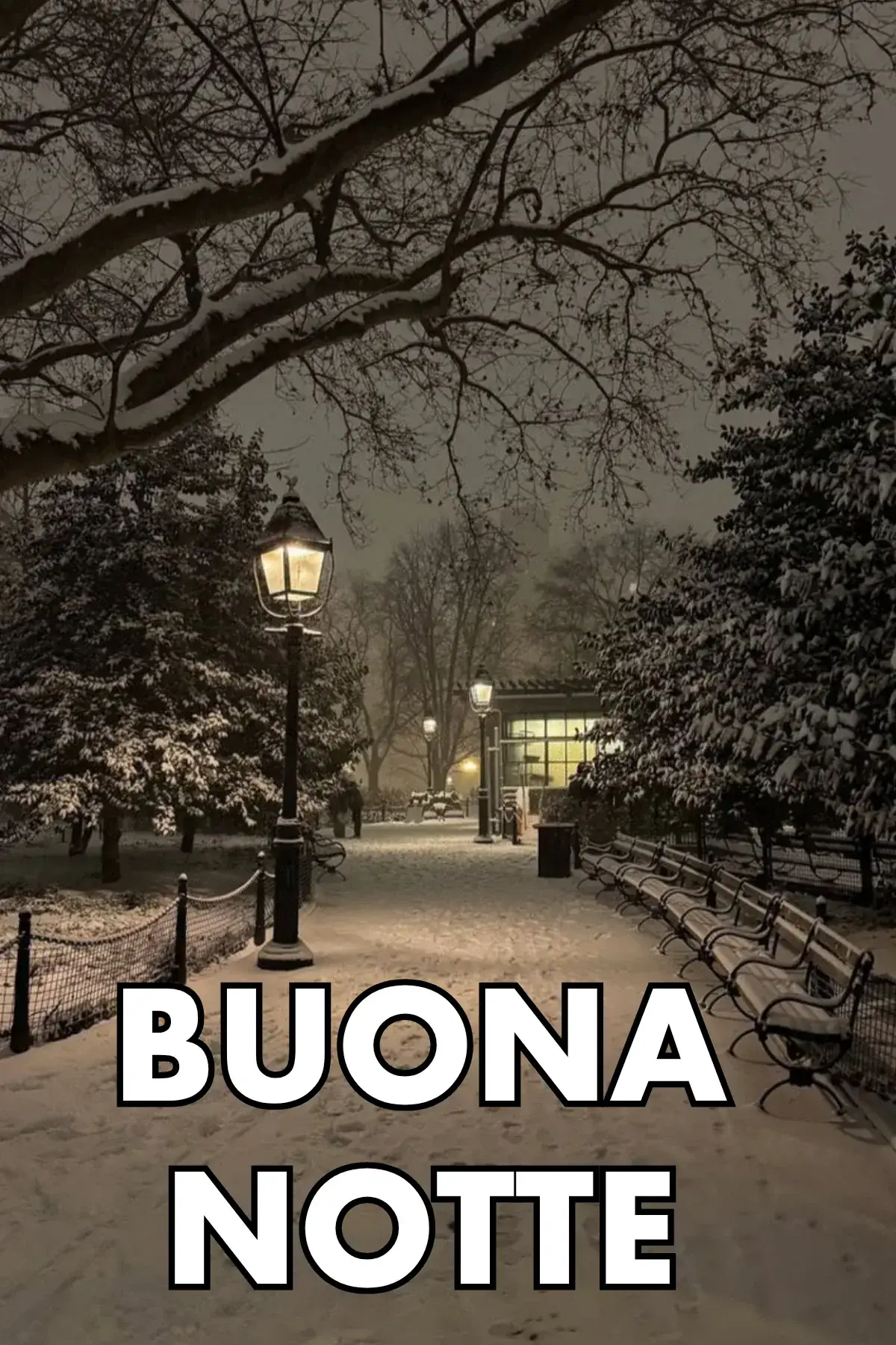 Parco innevato con lampione acceso e panchine di notte buonanotte invernale