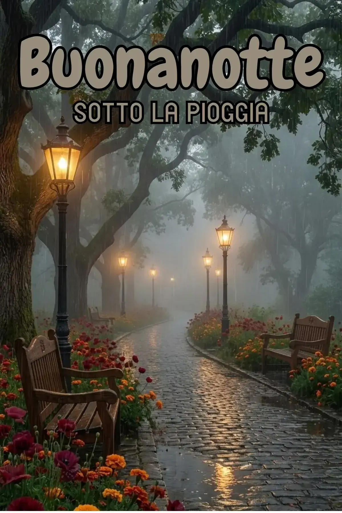 Viale alberato sotto la pioggia con lampioni e fiori immagini buonanotte bellissime