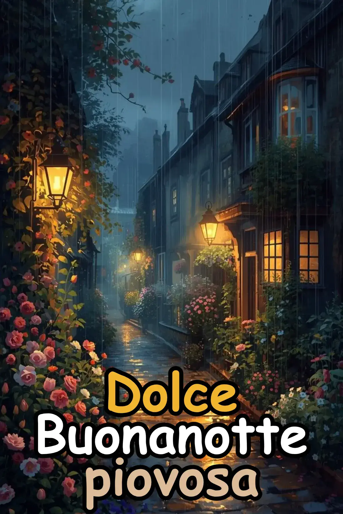 Vicolo fiorito sotto la pioggia con lampioni accesi immagine buonanotte romantica
