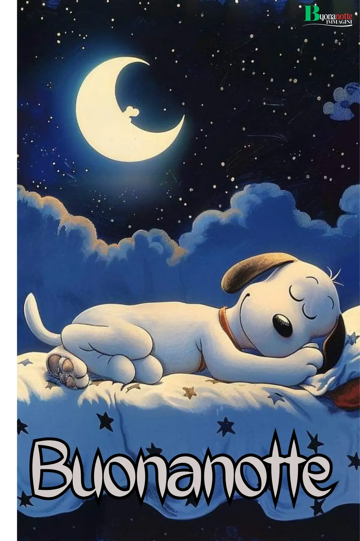 Cagnolino bianco che dorme sotto la luna stellata buonanotte divertente