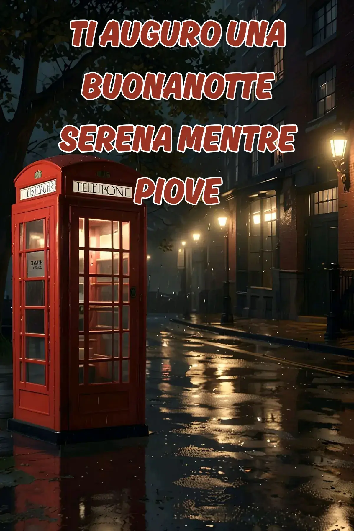Cabina telefonica rossa illuminata sotto pioggia notturna immagine buonanotte WhatsApp