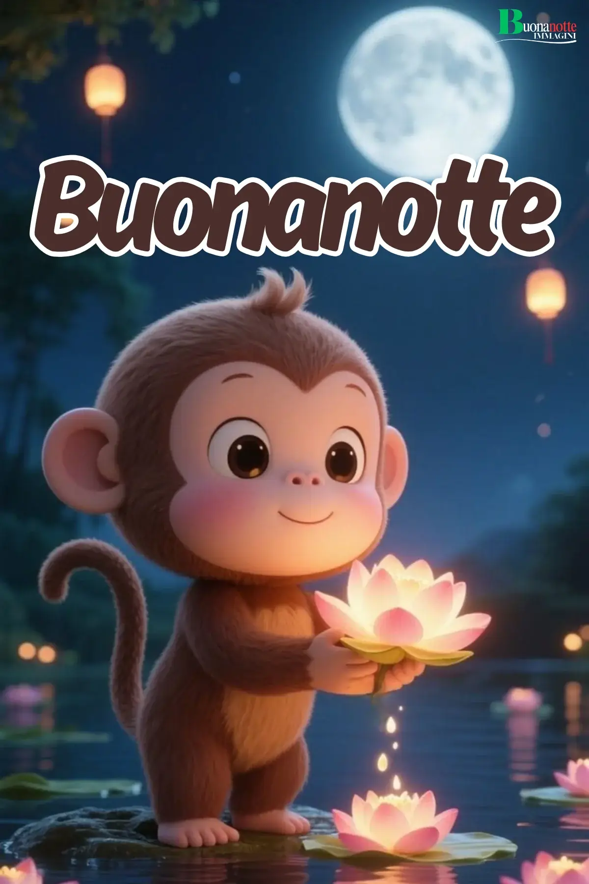 Scimmietta con fiore di loto luminoso sotto la luna buonanotte divertente