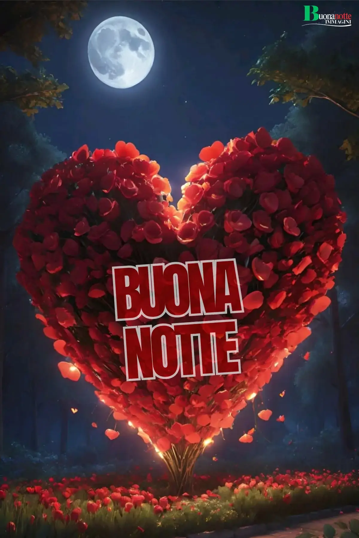 Cuore di petali rossi sotto luna piena immagine buonanotte