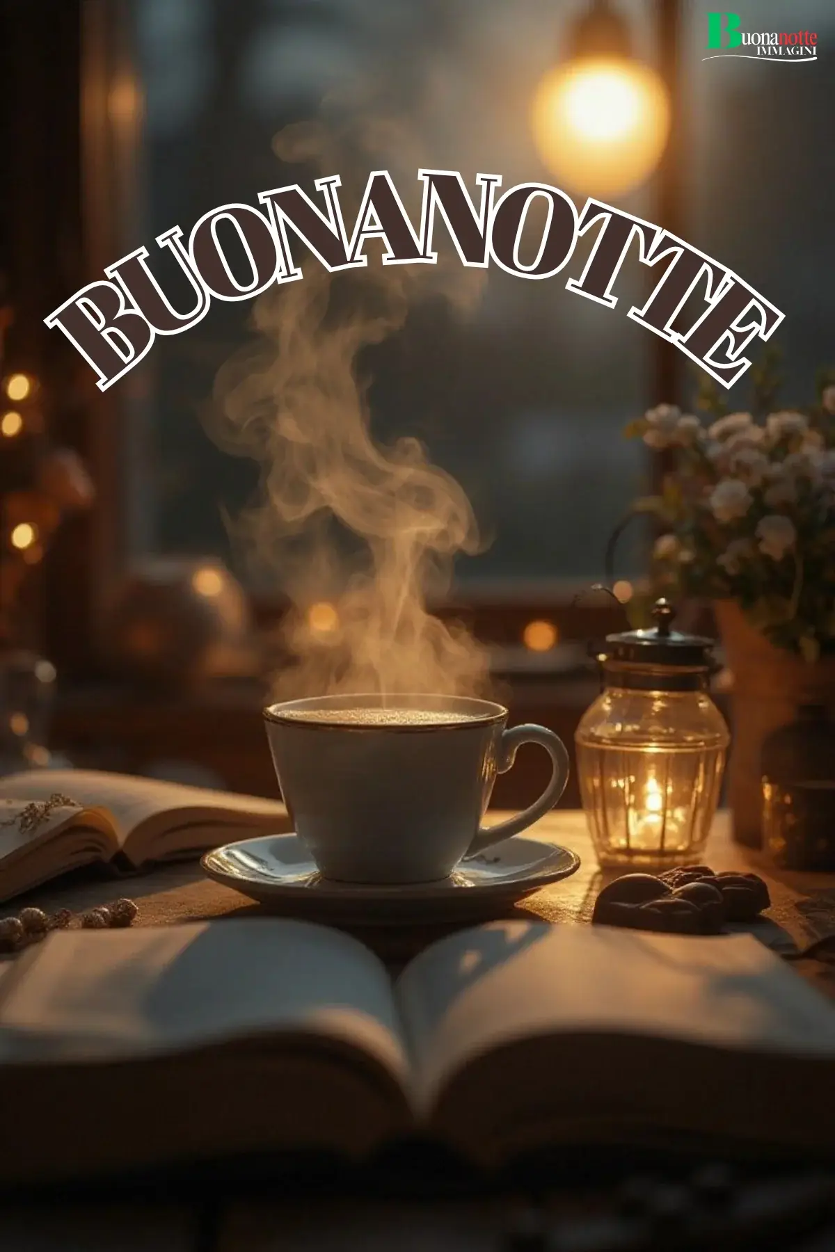 Tazza fumante e lanterna per buonanotte invernale