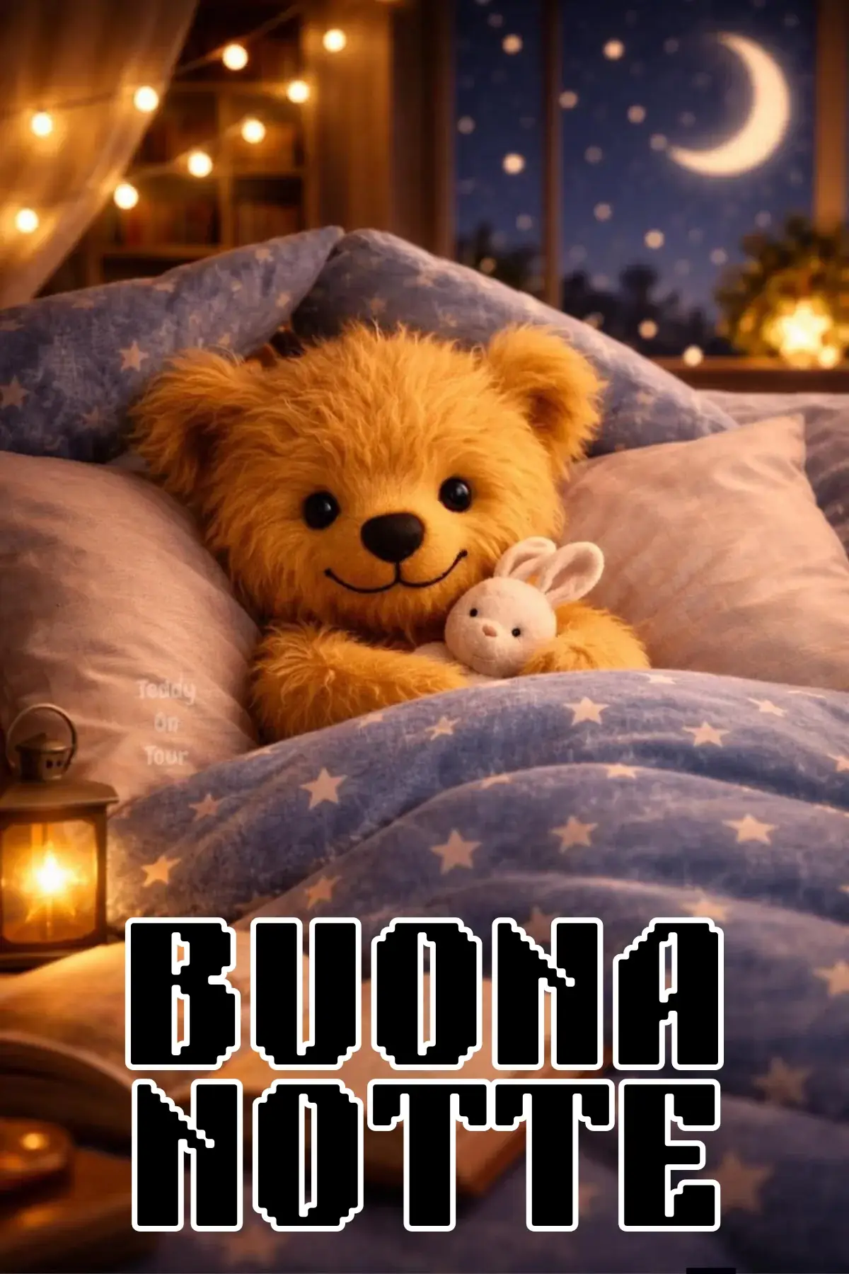 Orsetto peluche a letto con coniglietto sotto coperte stellate immagine buonanotte romantica