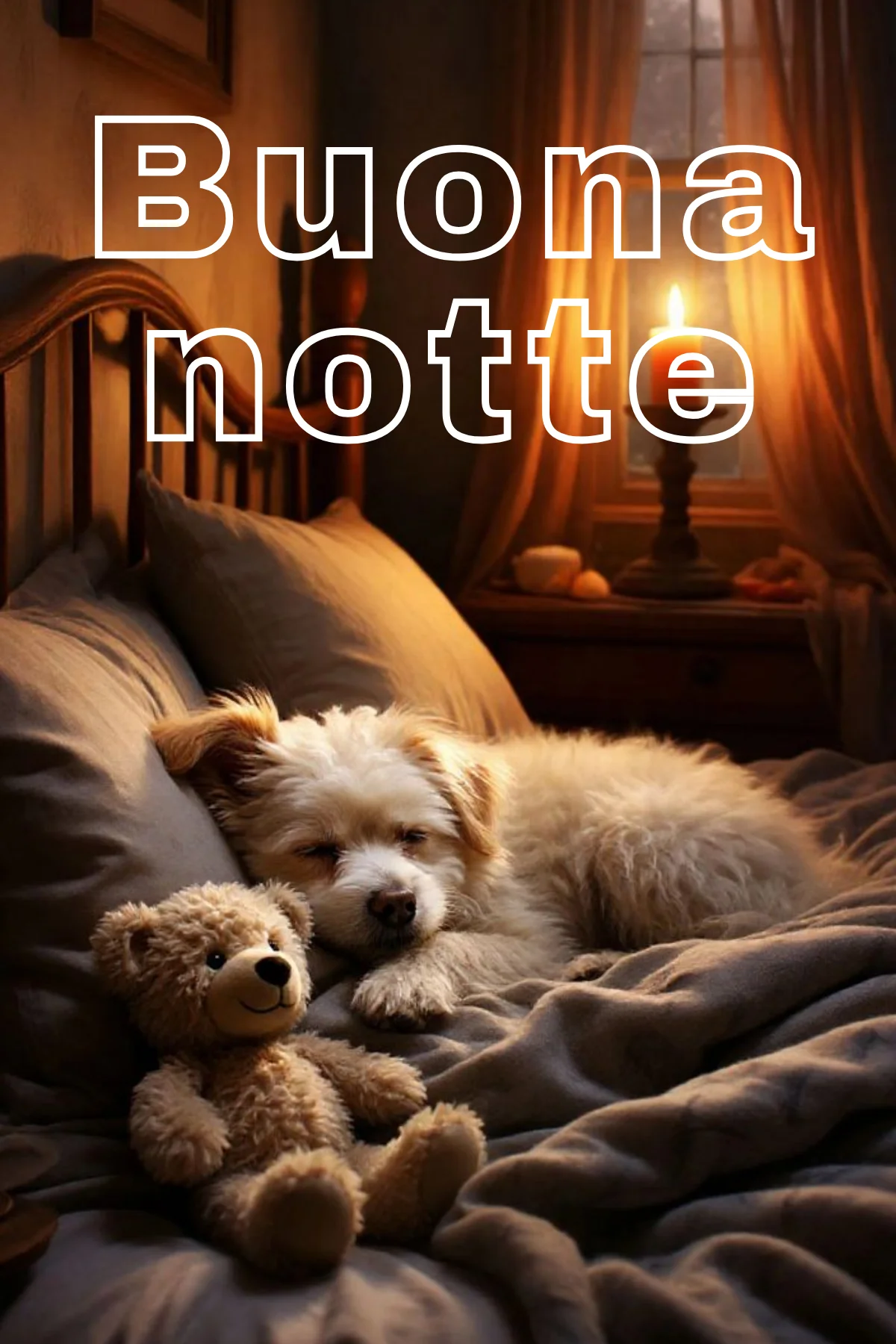 Cagnolino bianco che dorme con orsetto peluche immagine buonanotte