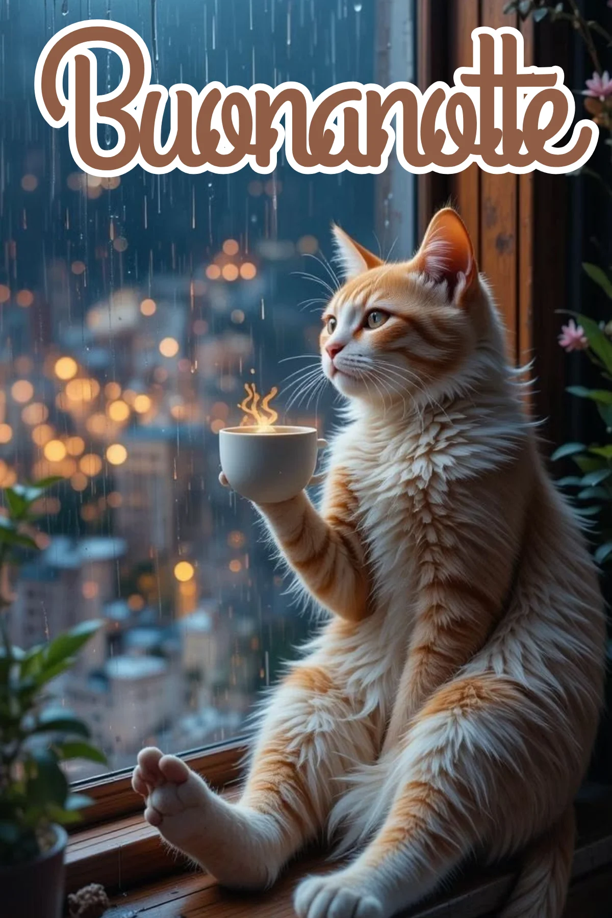 Gatto rosso con tazza fumante alla finestra sotto la pioggia buonanotte