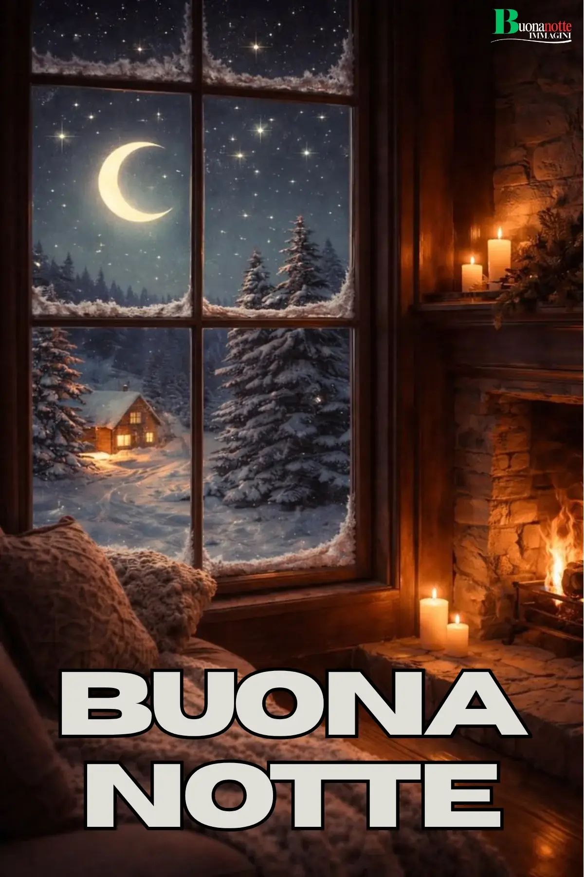 Finestra su paesaggio innevato con luna camino acceso e candele immagine buonanotte