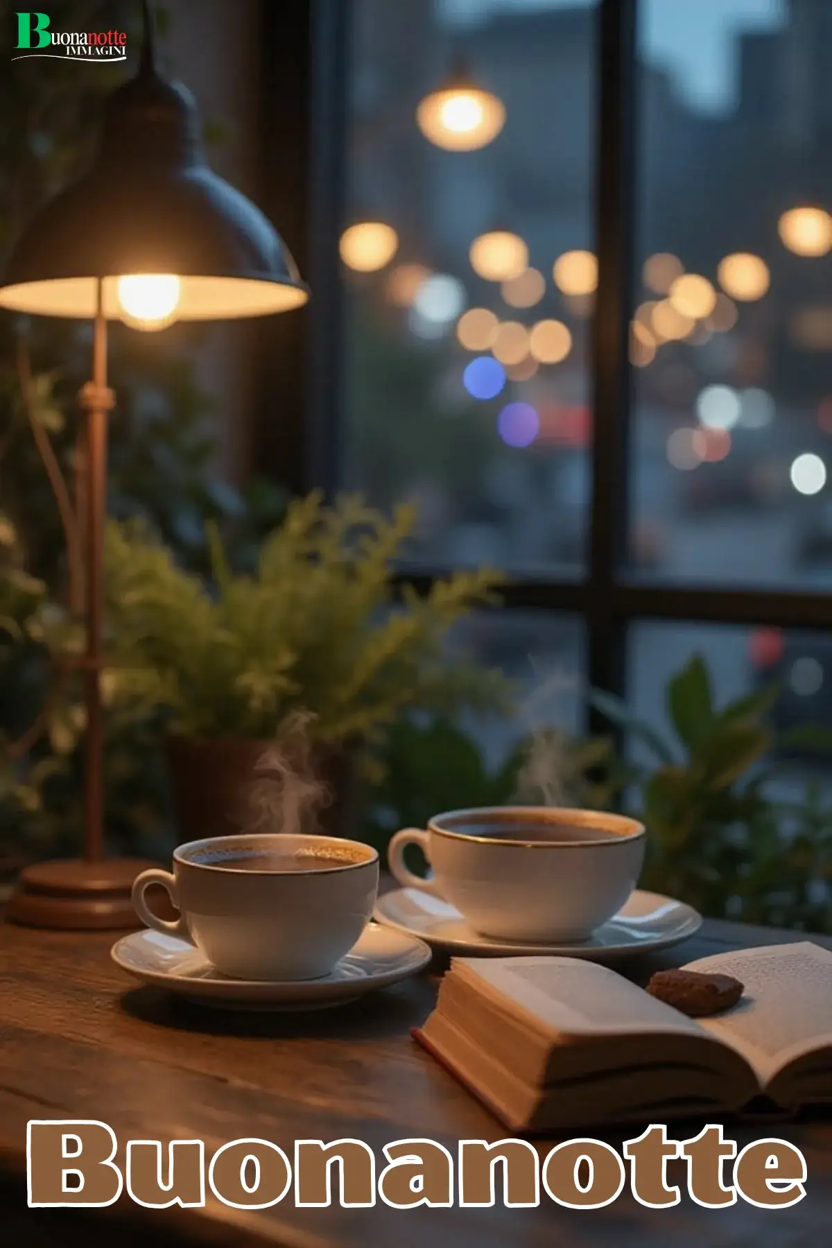 Due tazze fumanti libro aperto lampada luci città immagine buonanotte