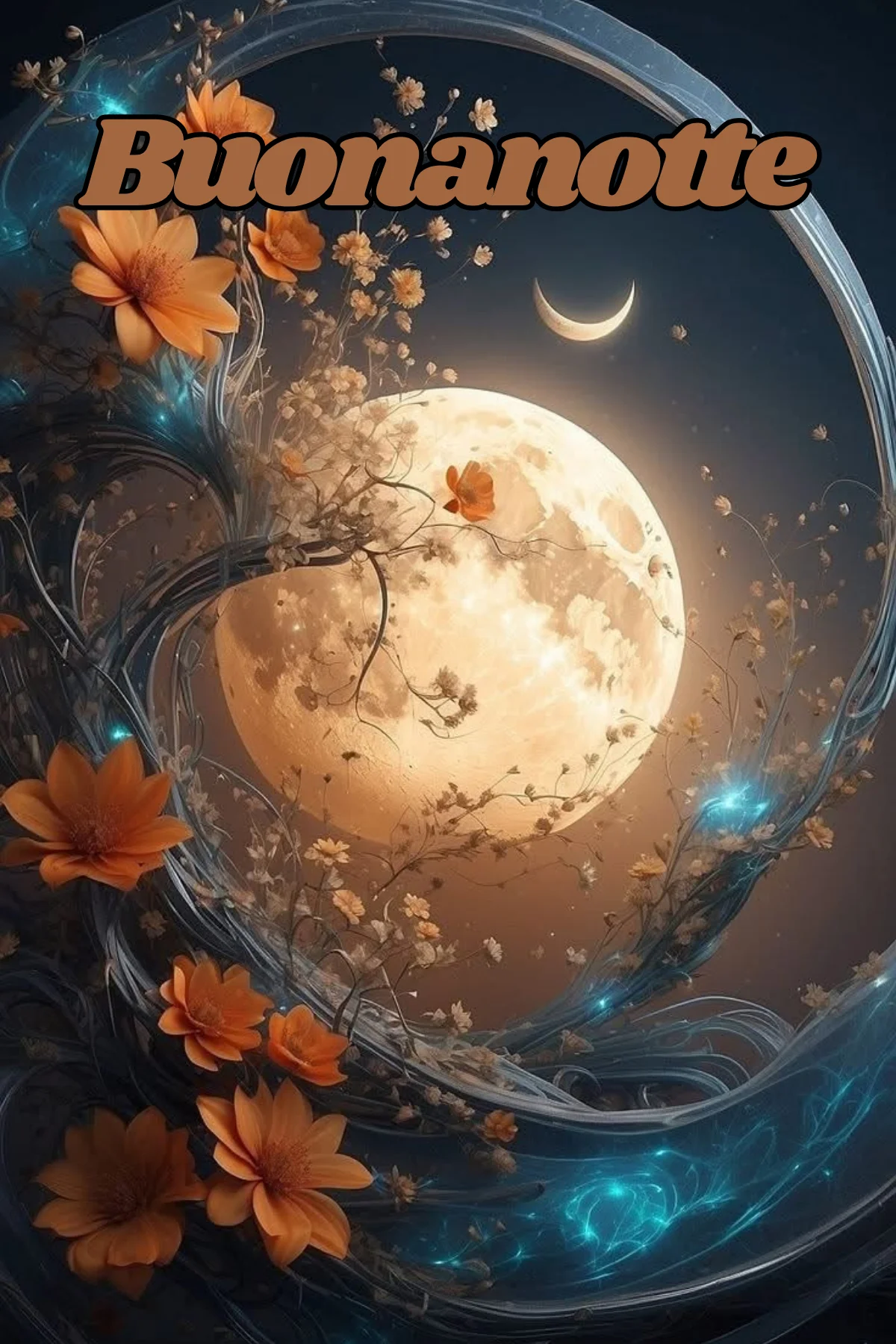 Luna piena con fiori arancioni e luci azzurre buonanotte originalissima