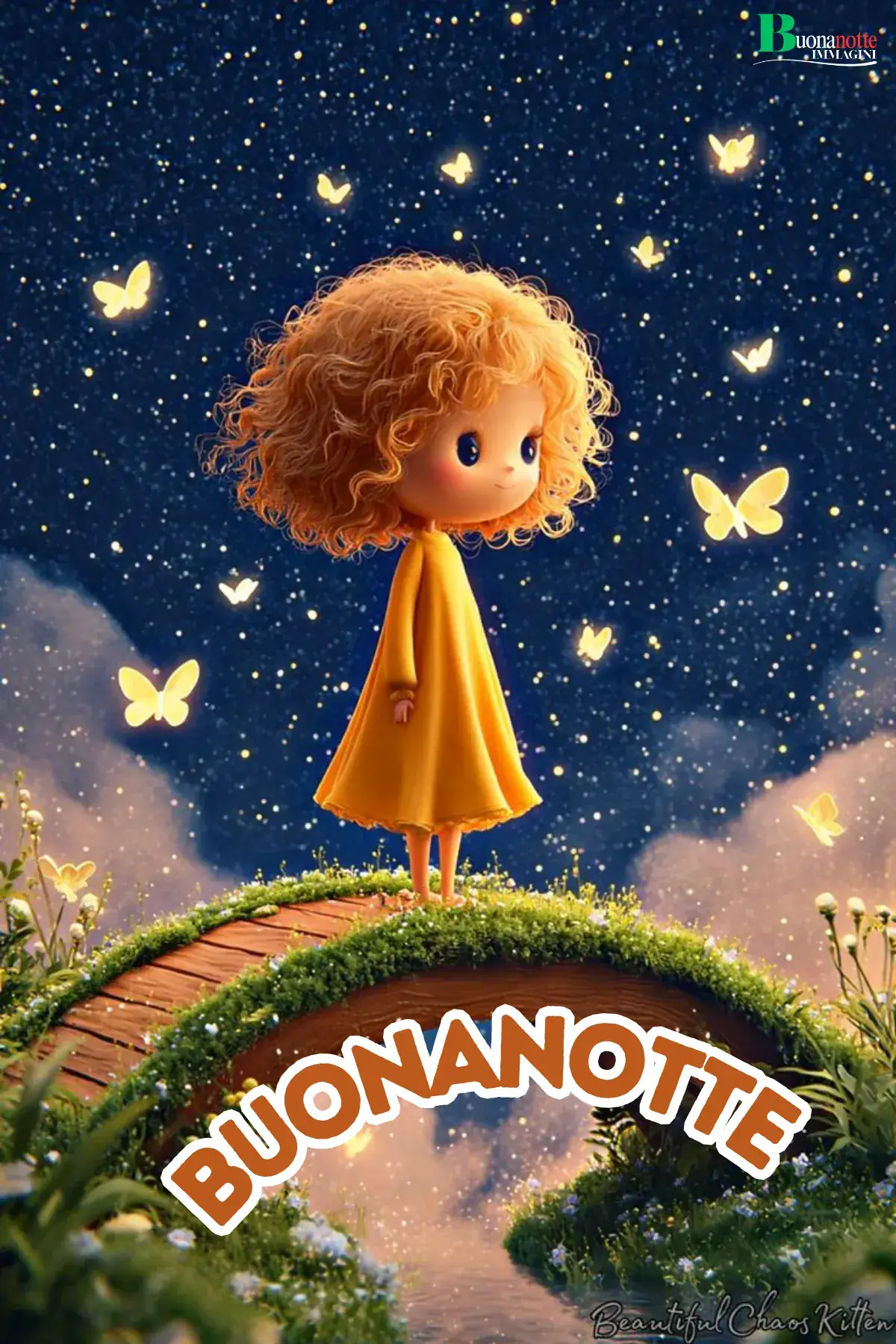 Bambina ricciola su ponticello con farfalle luminose buonanotte divertente