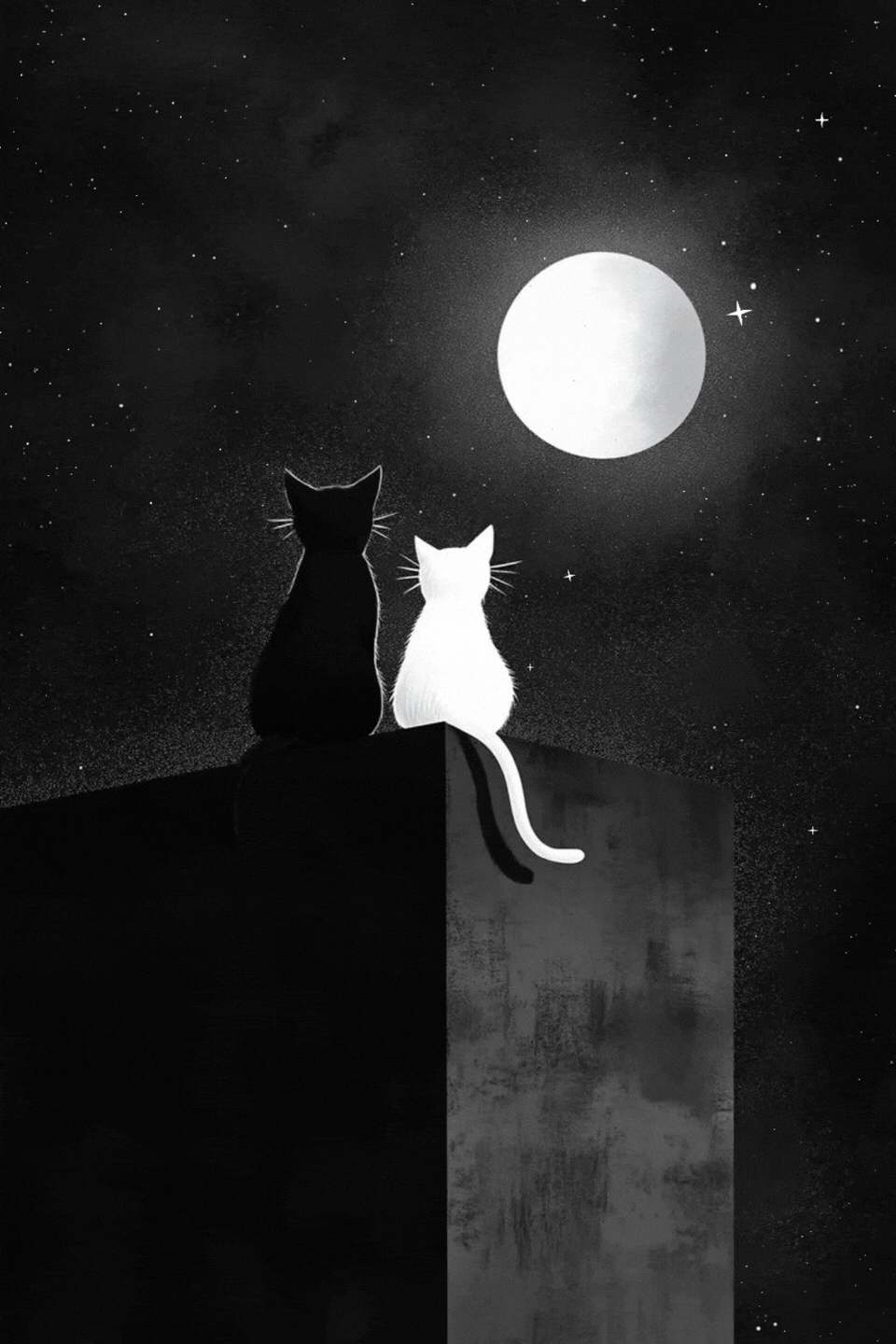 Due gatti bianco e nero sul tetto sotto la luna piena buonanotte gif