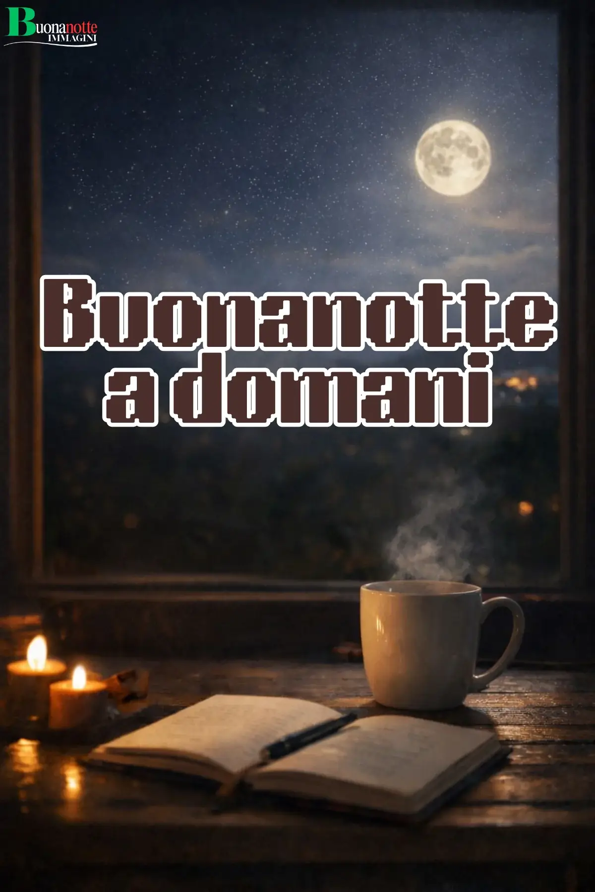 Tazza fumante libro aperto candele luna piena finestra buonanotte a domani