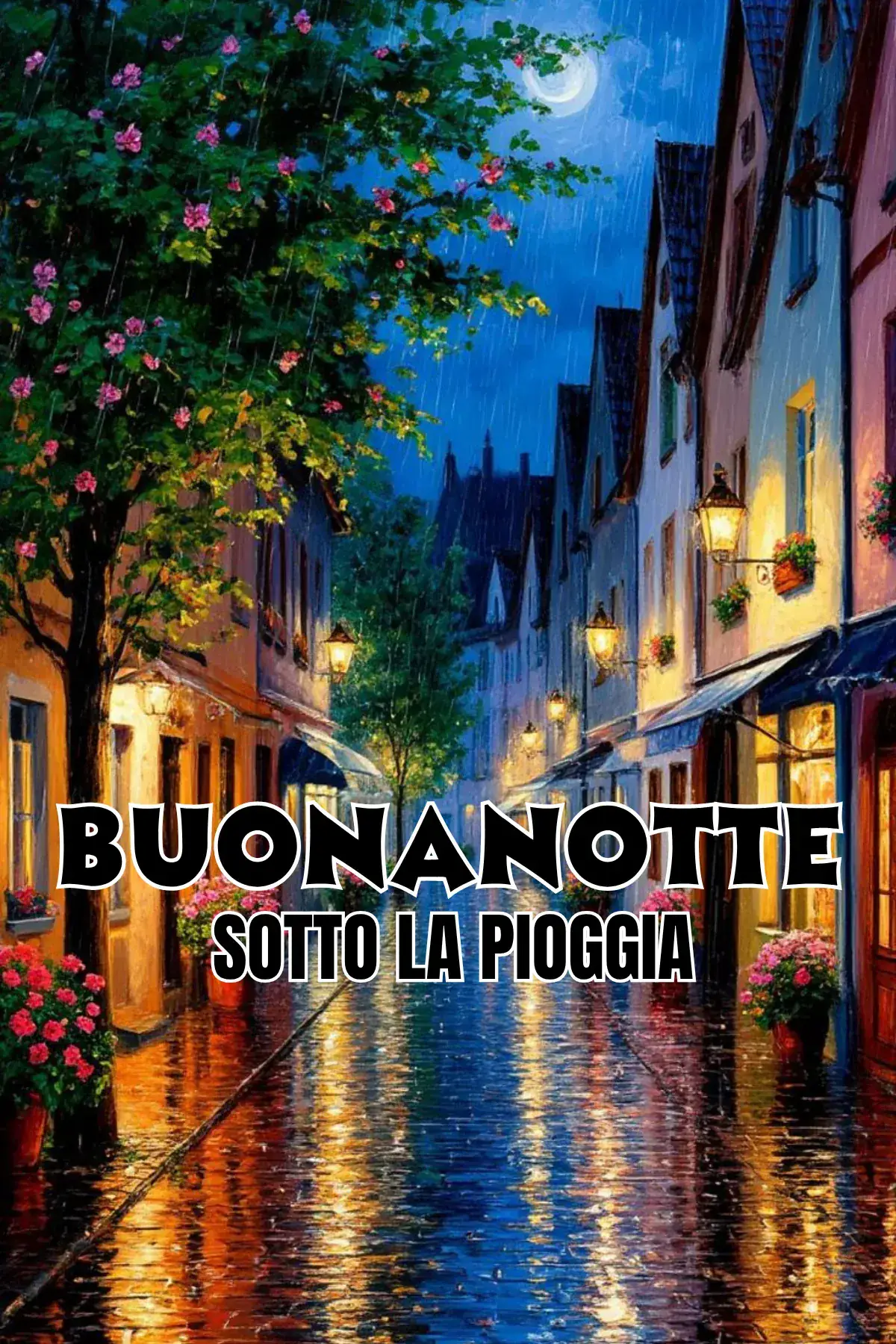 Vicolo notturno sotto la pioggia con lanterne e fiori immagine buonanotte romantica