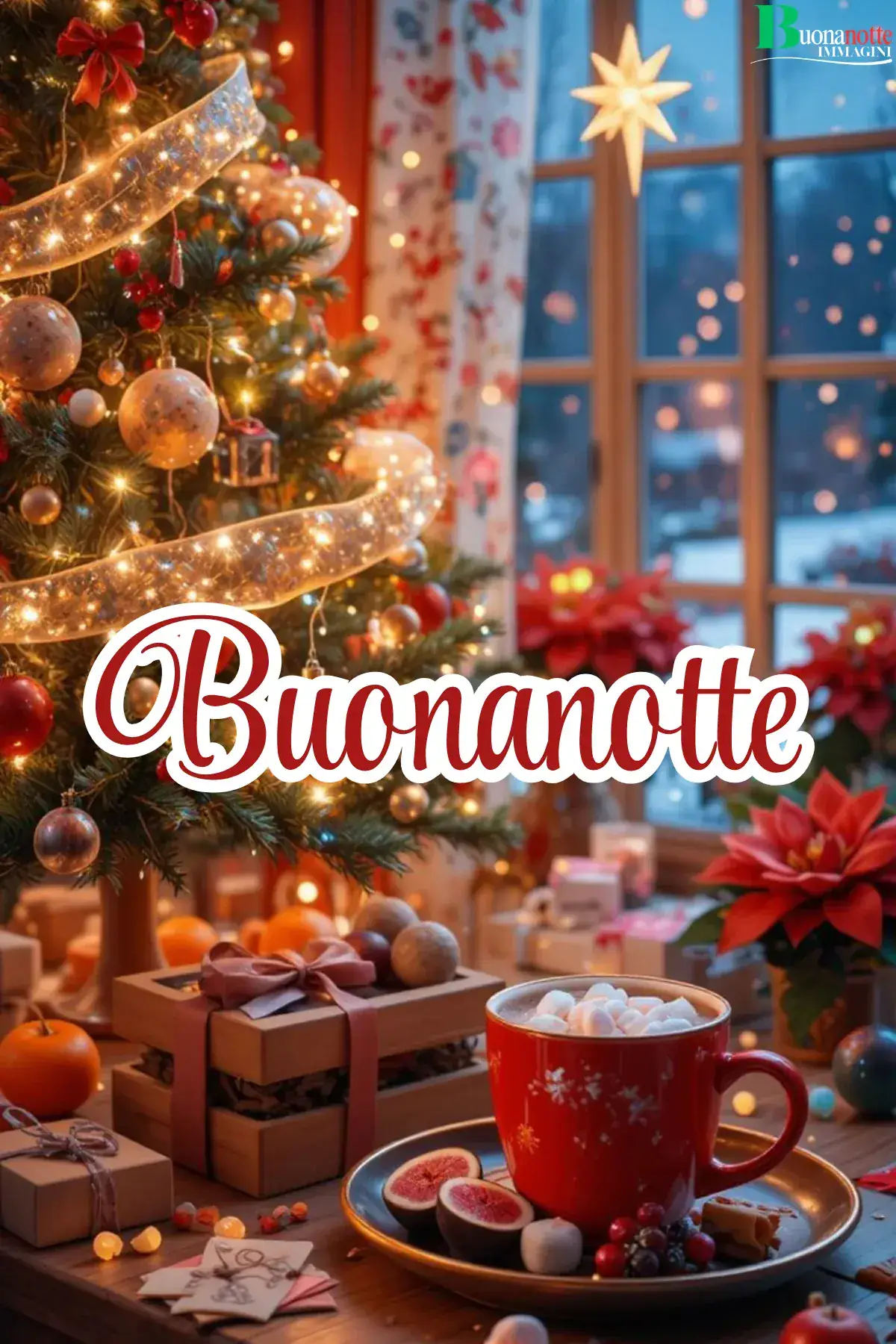 Albero di Natale illuminato con tazza rossa cioccolata calda e regali buonanotte natalizia