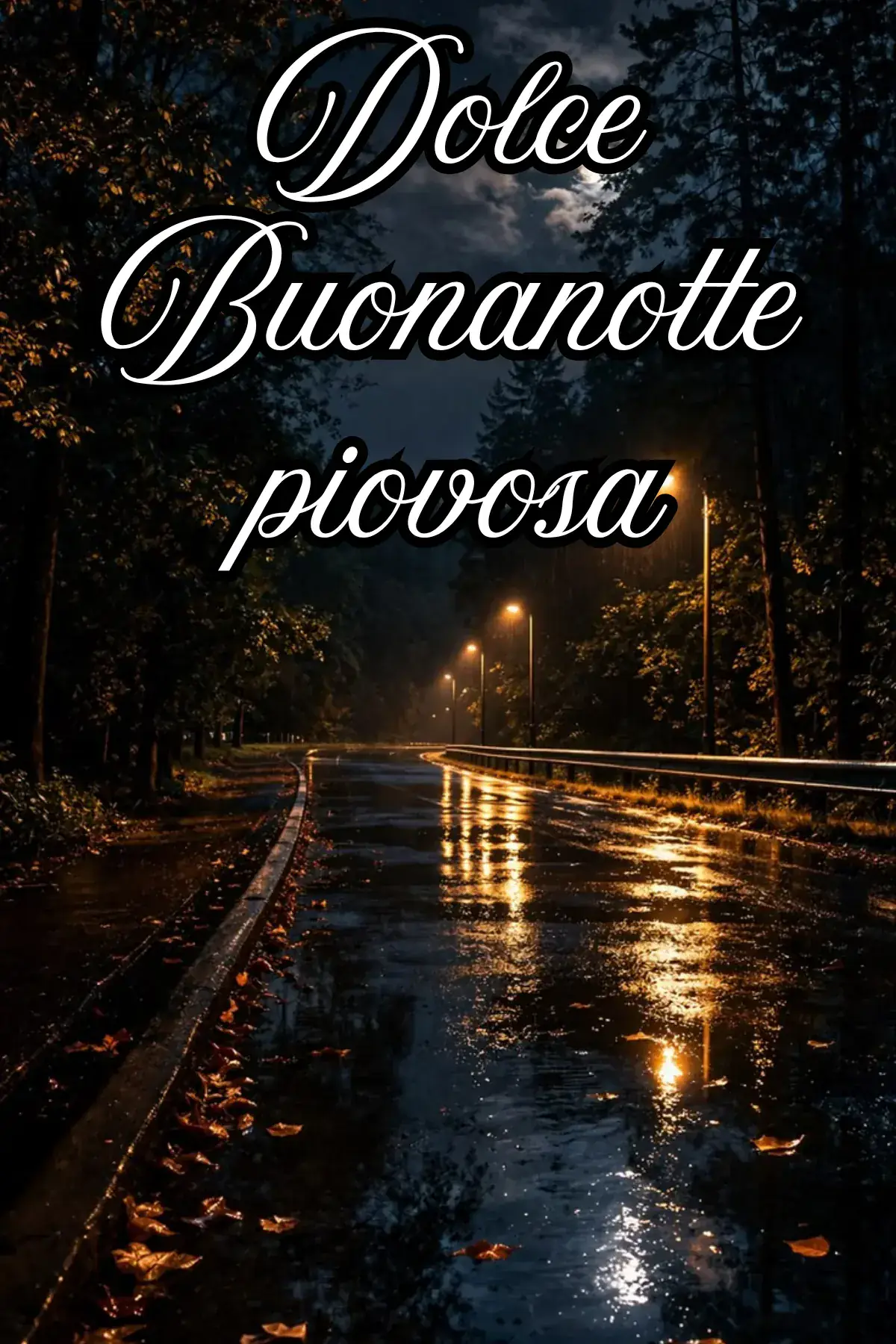 Strada piovosa notturna con lampioni e foglie autunnali buonanotte autunnale