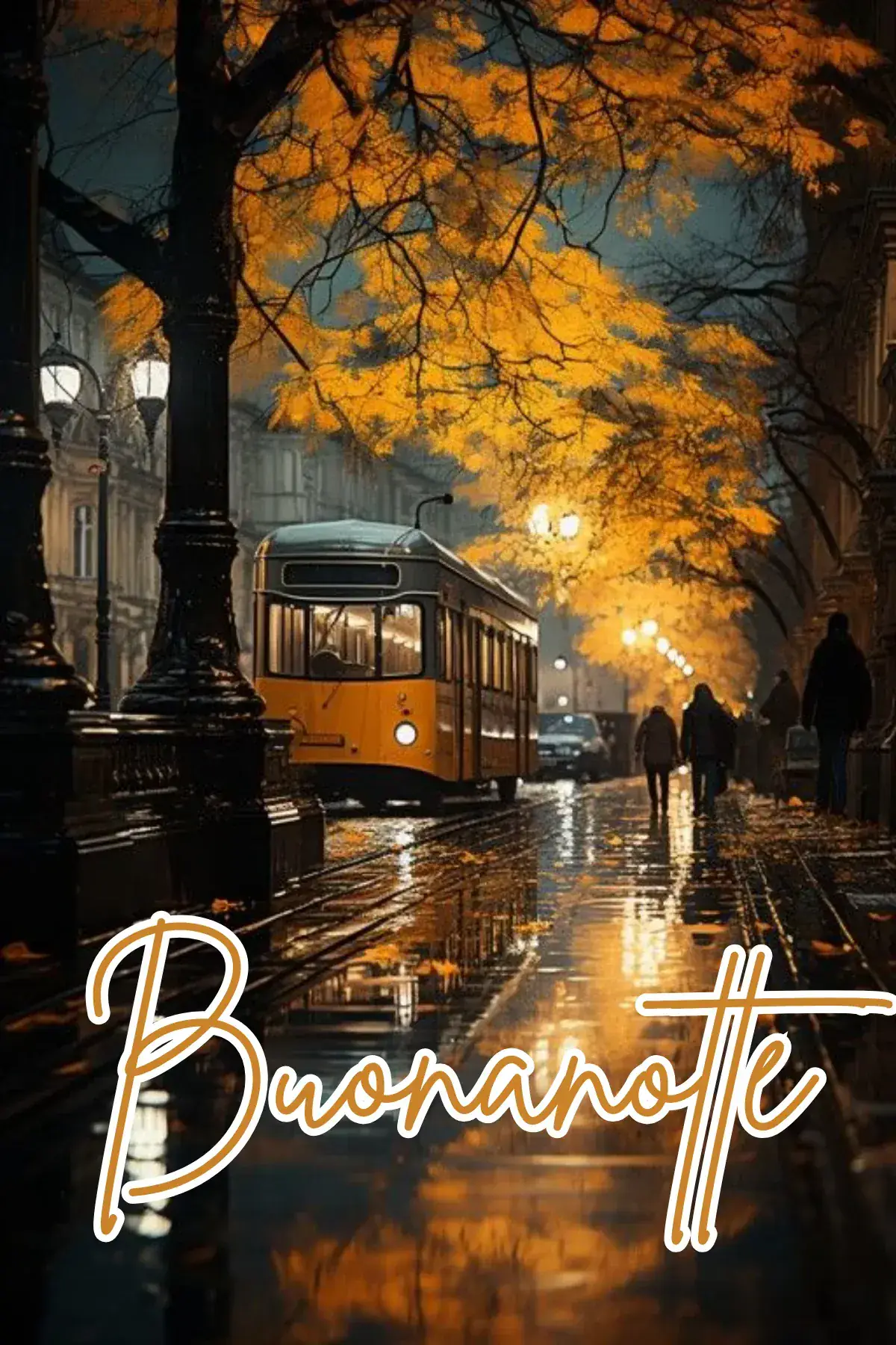 Tram dorato su strada bagnata con foglie autunnali e lampioni buonanotte autunnale