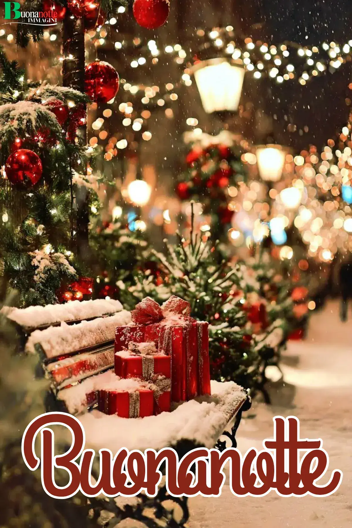 Panchina innevata con regali rossi e luci natalizie buonanotte natalizia