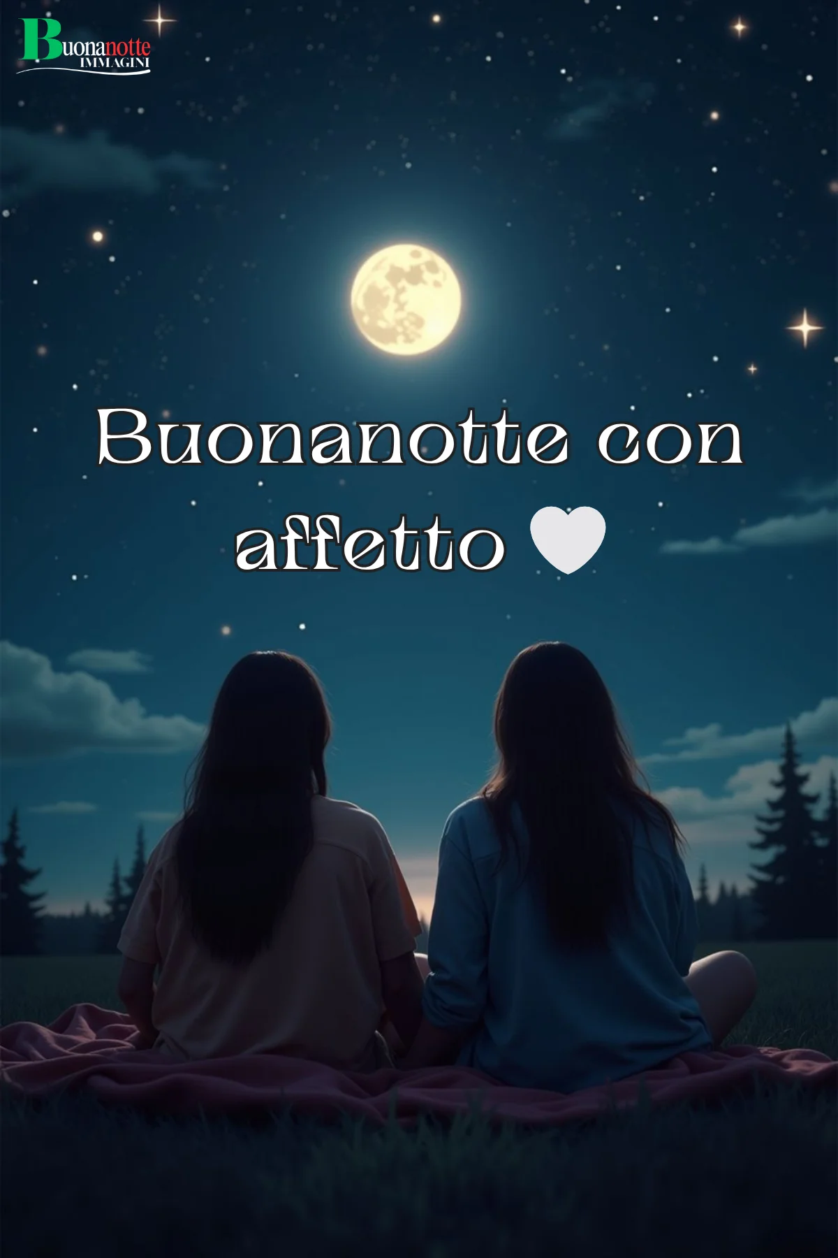 Ragazze sul prato a guardare la luna piena di notte