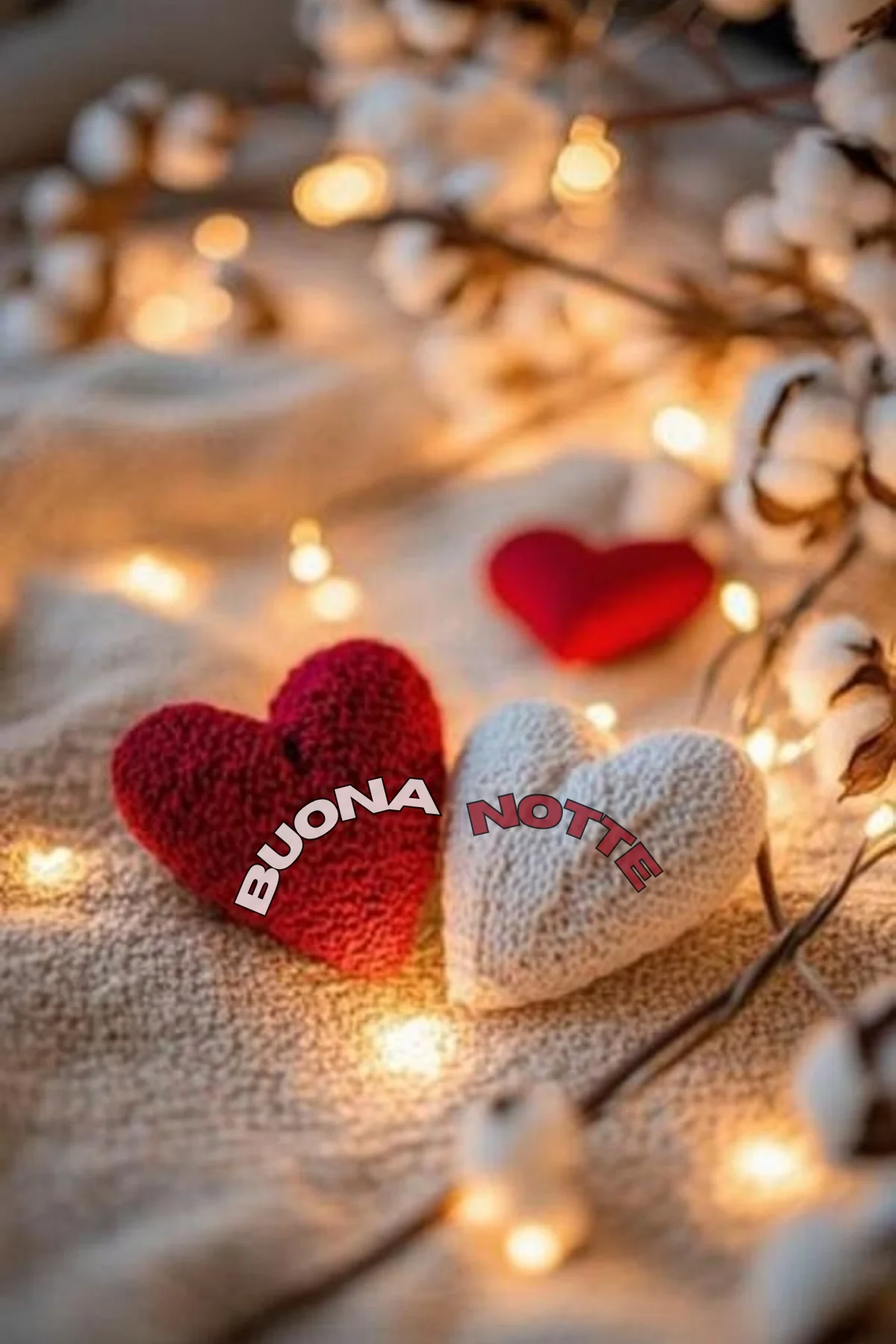 Cuoricini di lana rosso e bianco con lucine calde buonanotte speciale