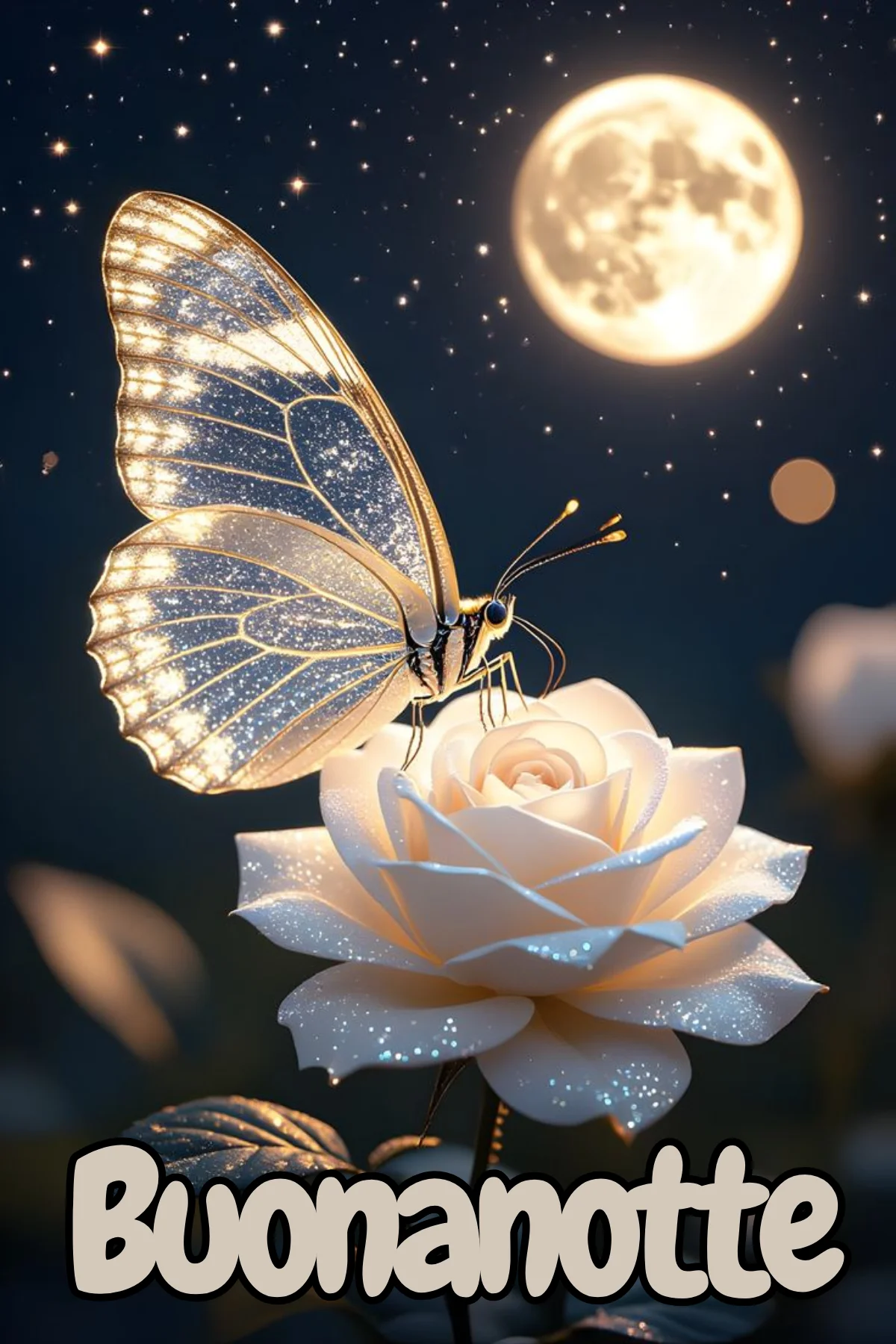 Farfalla dorata su rosa bianca sotto luna piena buonanotte originale