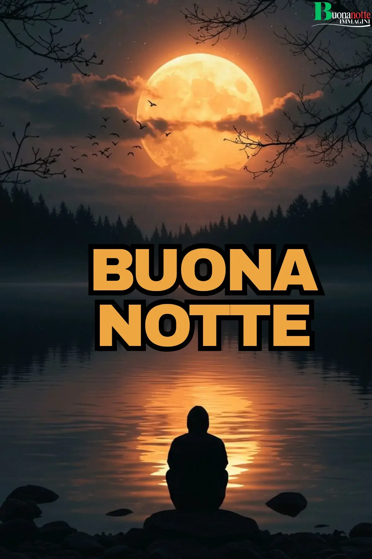 Persona seduta davanti a lago con luna piena arancione buonanotte estiva