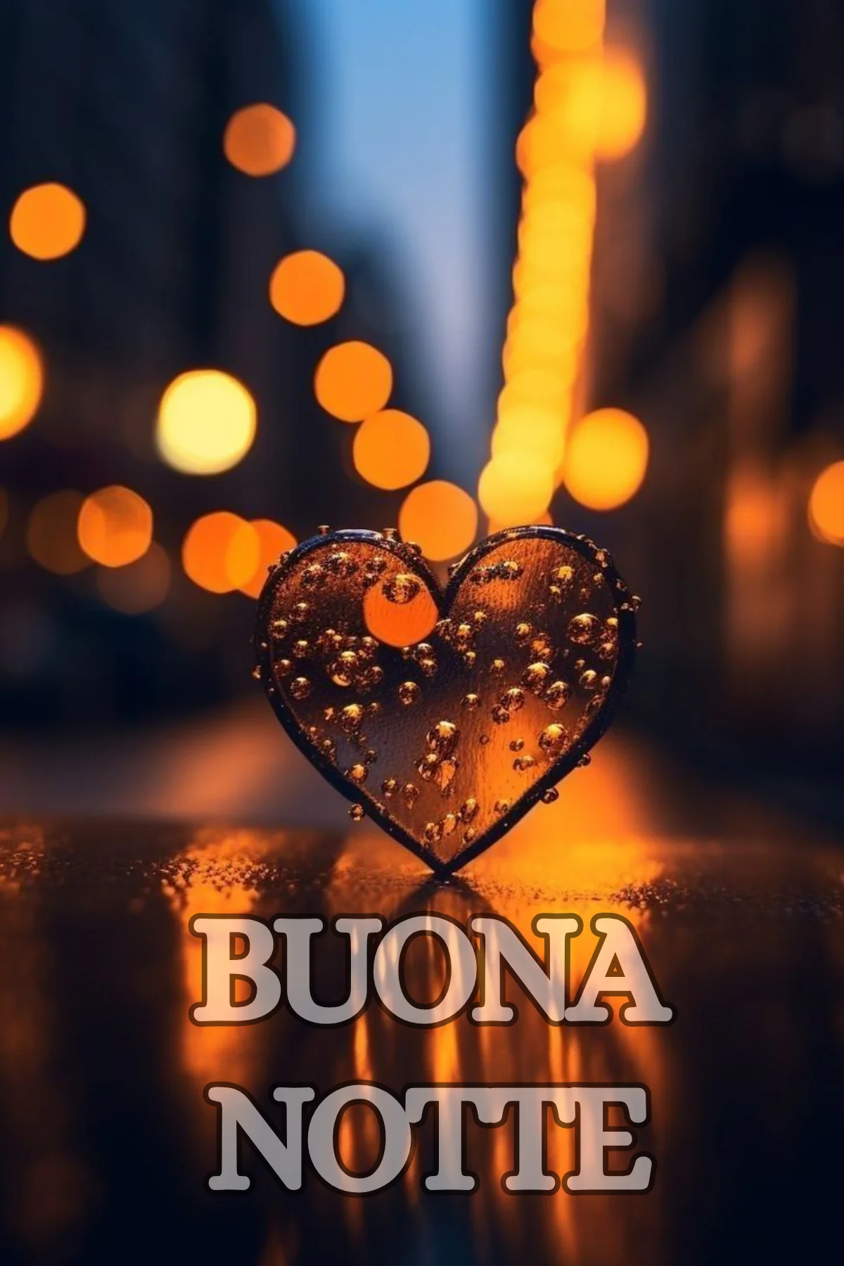 Cuore con gocce di pioggia e luci dorate notturne buonanotte speciale