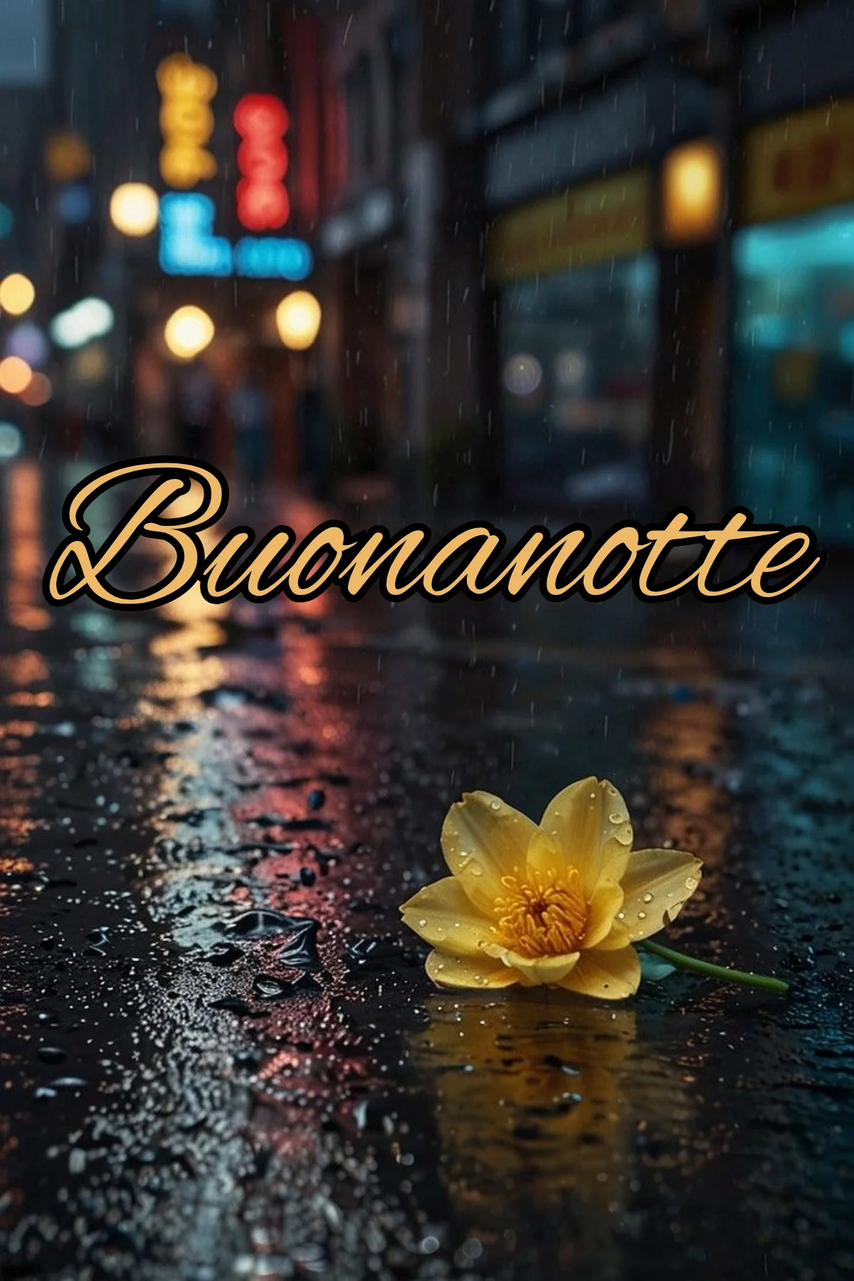 Fiore giallo sotto la pioggia buonanotte sogni d'oro