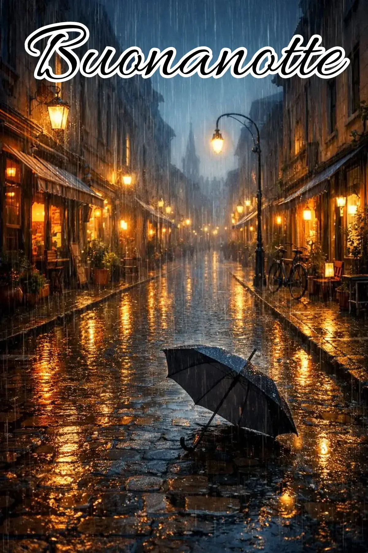 Strada notturna piovosa con lampioni dorati e ombrello sul selciato immagine buonanotte WhatsApp