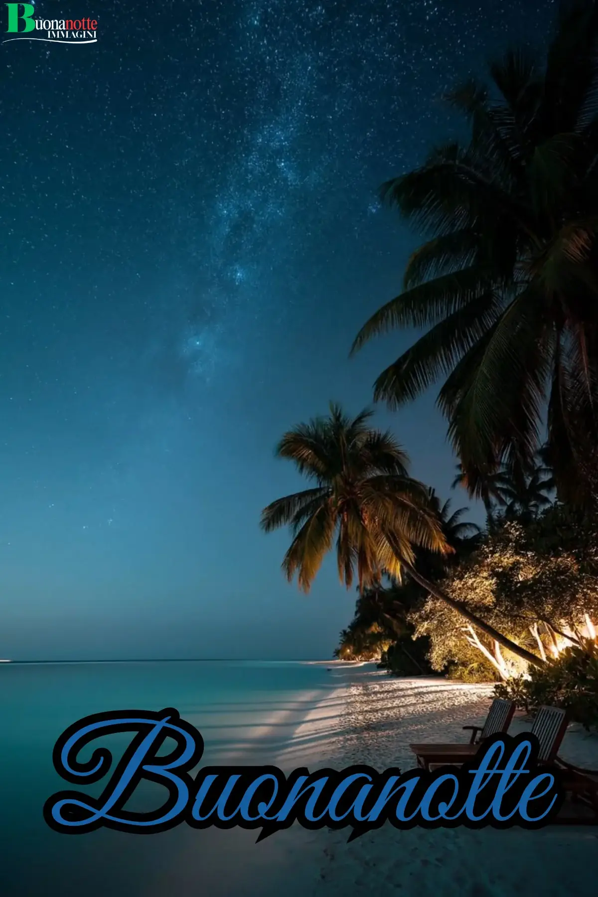 Spiaggia tropicale notturna con palme e stelle buonanotte estiva