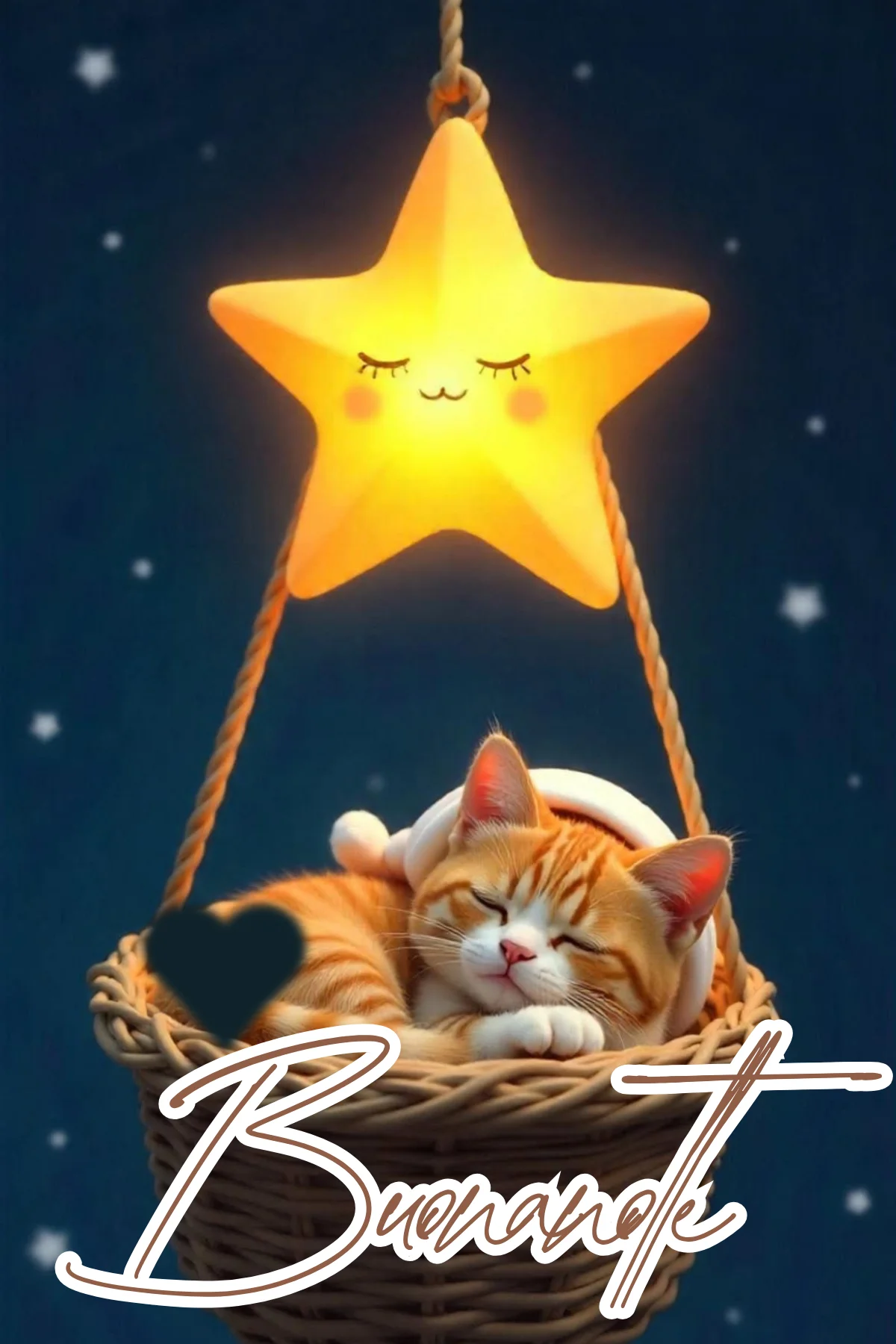 Gattino arancione che dorme in cestino sotto stella luminosa buonanotte WhatsApp
