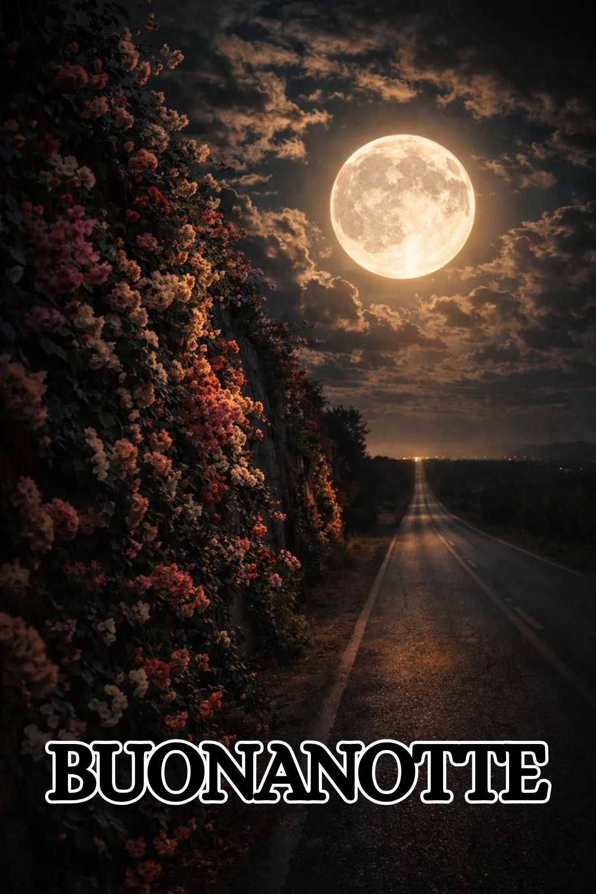 Strada notturna con luna piena e fiori colorati immagini buonanotte