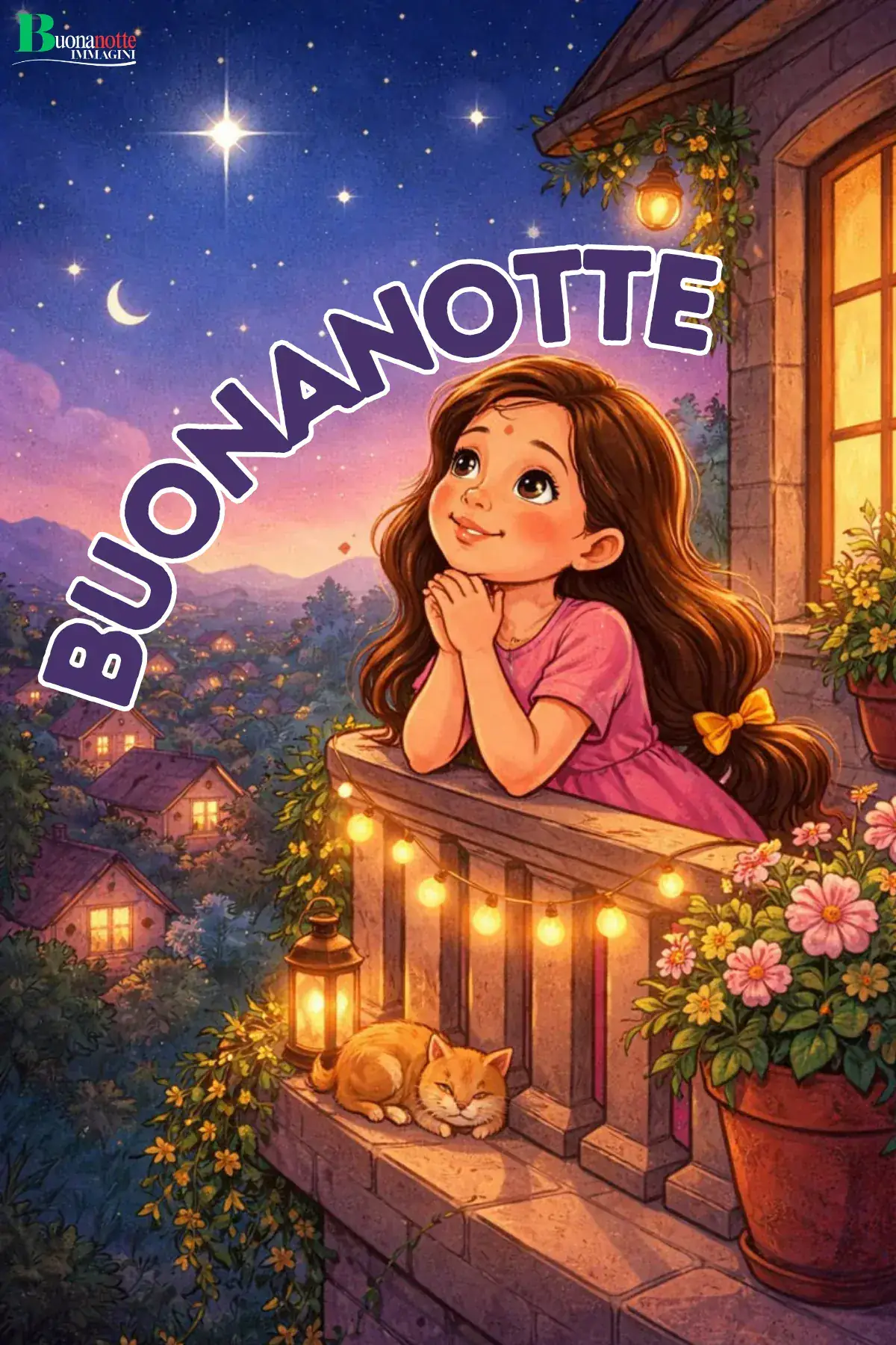 Bimba sorridente sul balcone illuminato con gattino e stelle buonanotte divertente